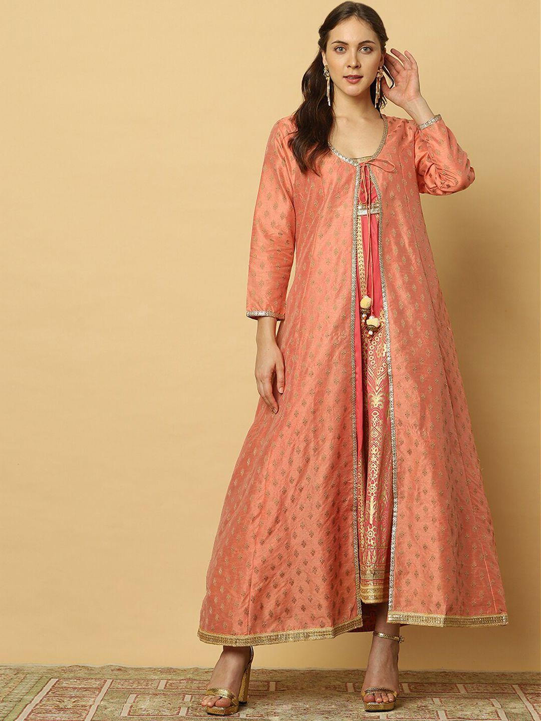 indifusion women orange ethnic motifs layered kurta with trousers & with dupatta