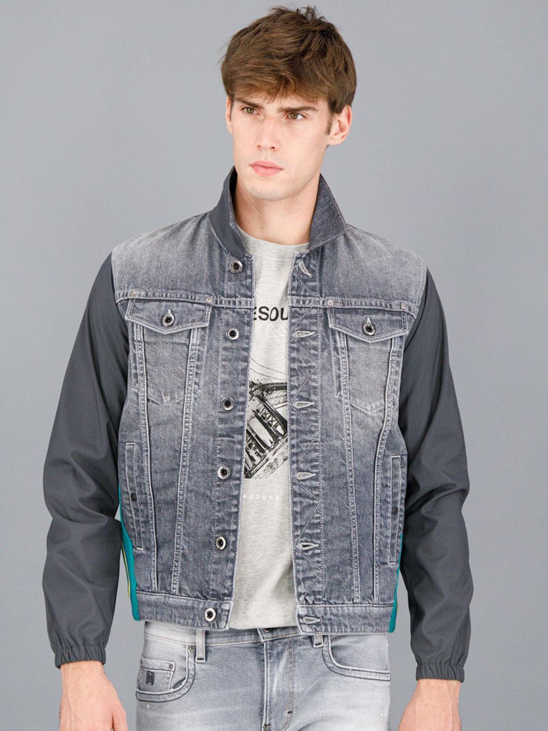 freesoul men grey washed crop denim jacket with embroidered