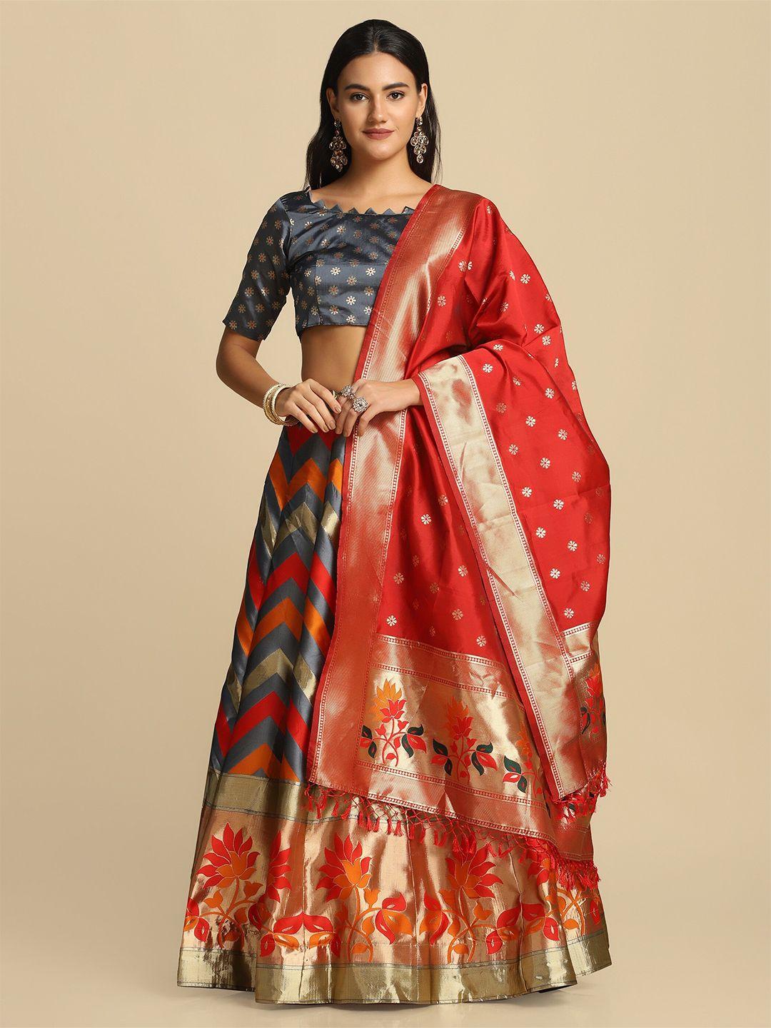 warthy ent grey & red semi-stitched lehenga & unstitched blouse with dupatta