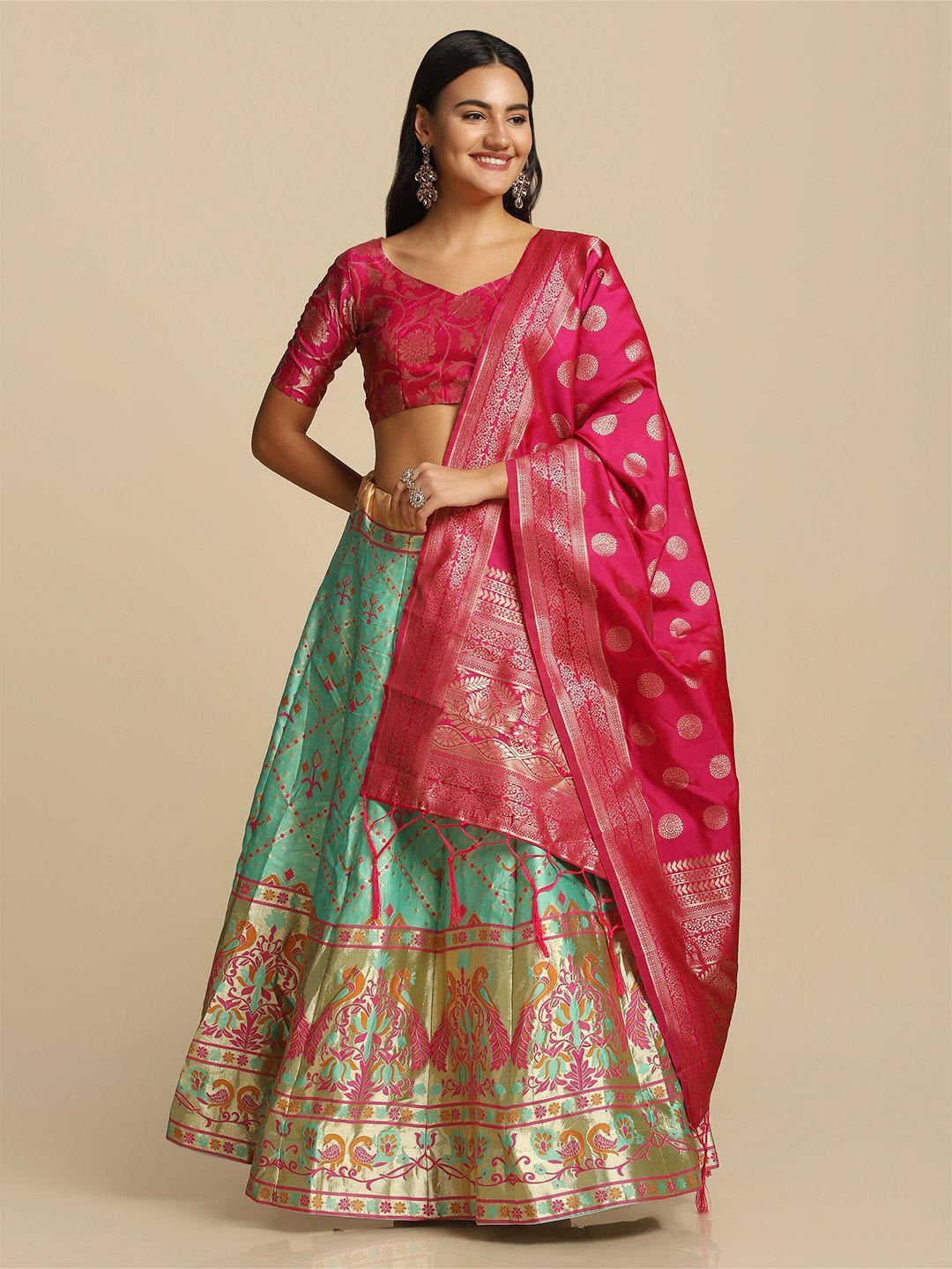 warthy ent green & pink semi-stitched lehenga & unstitched blouse with dupatta