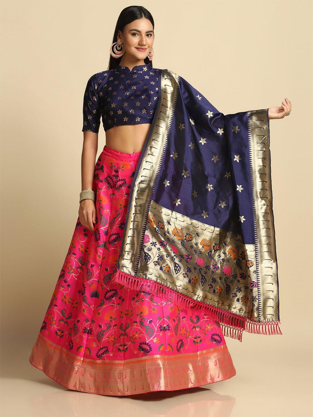 warthy ent women pink & navy blue semi-stitched lehenga & unstitched blouse with dupatta