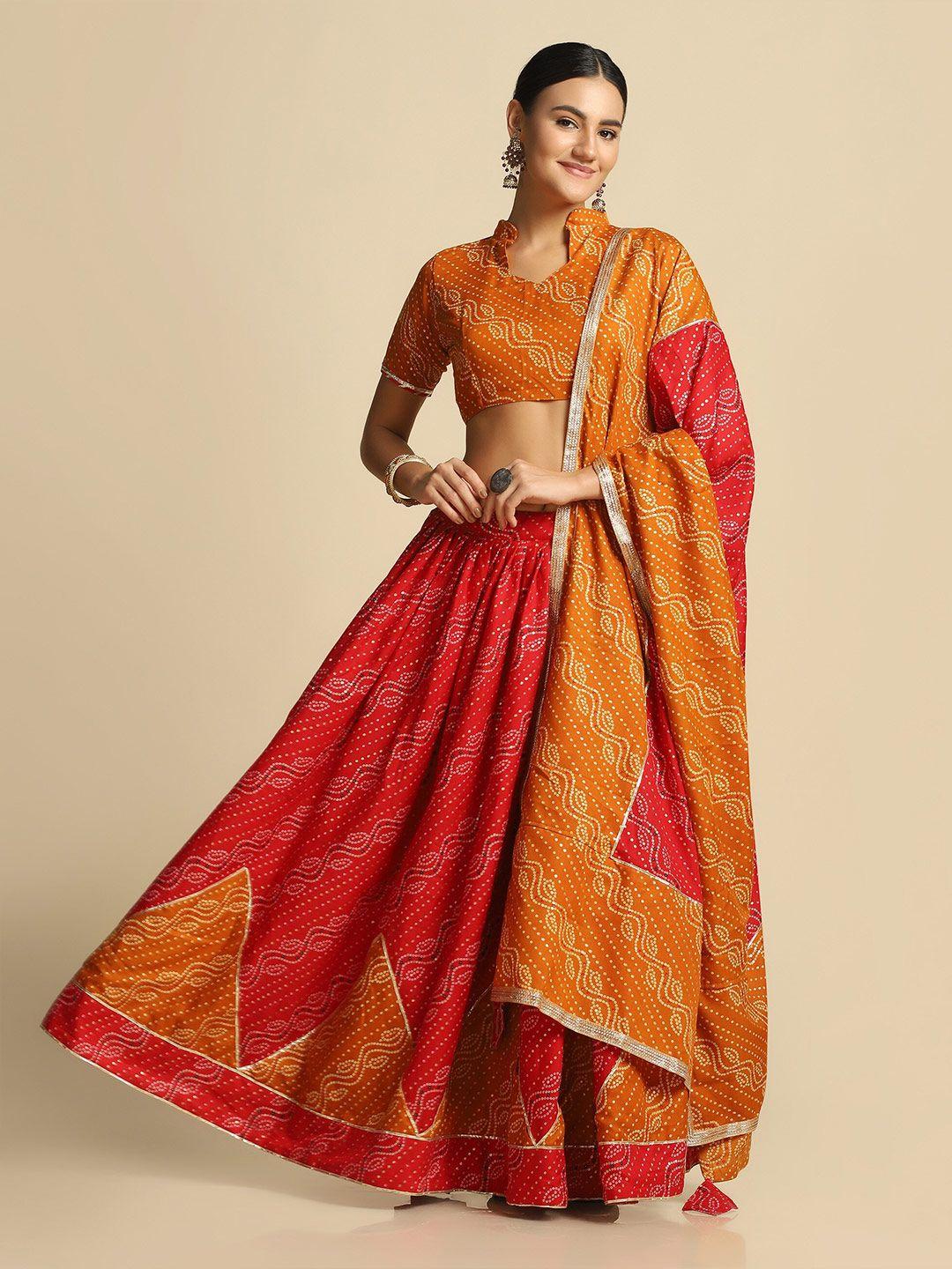 warthy ent red & brown printed semi-stitched lehenga & unstitched choli with dupatta