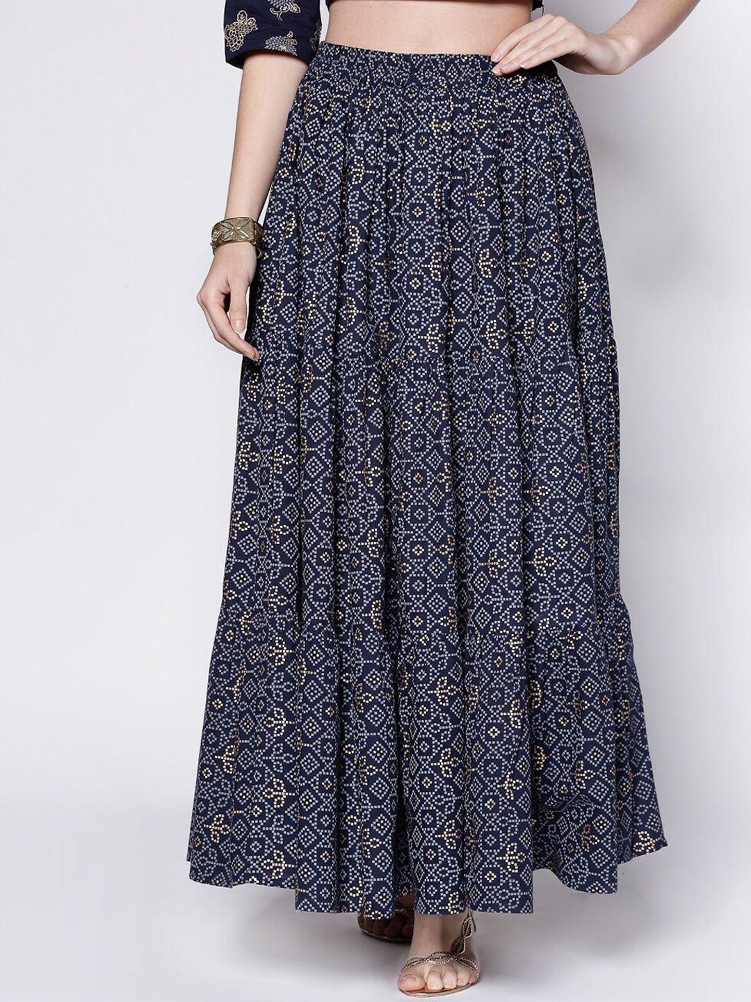 sera women navy blue ethnic printed pure cotton maxi skirt