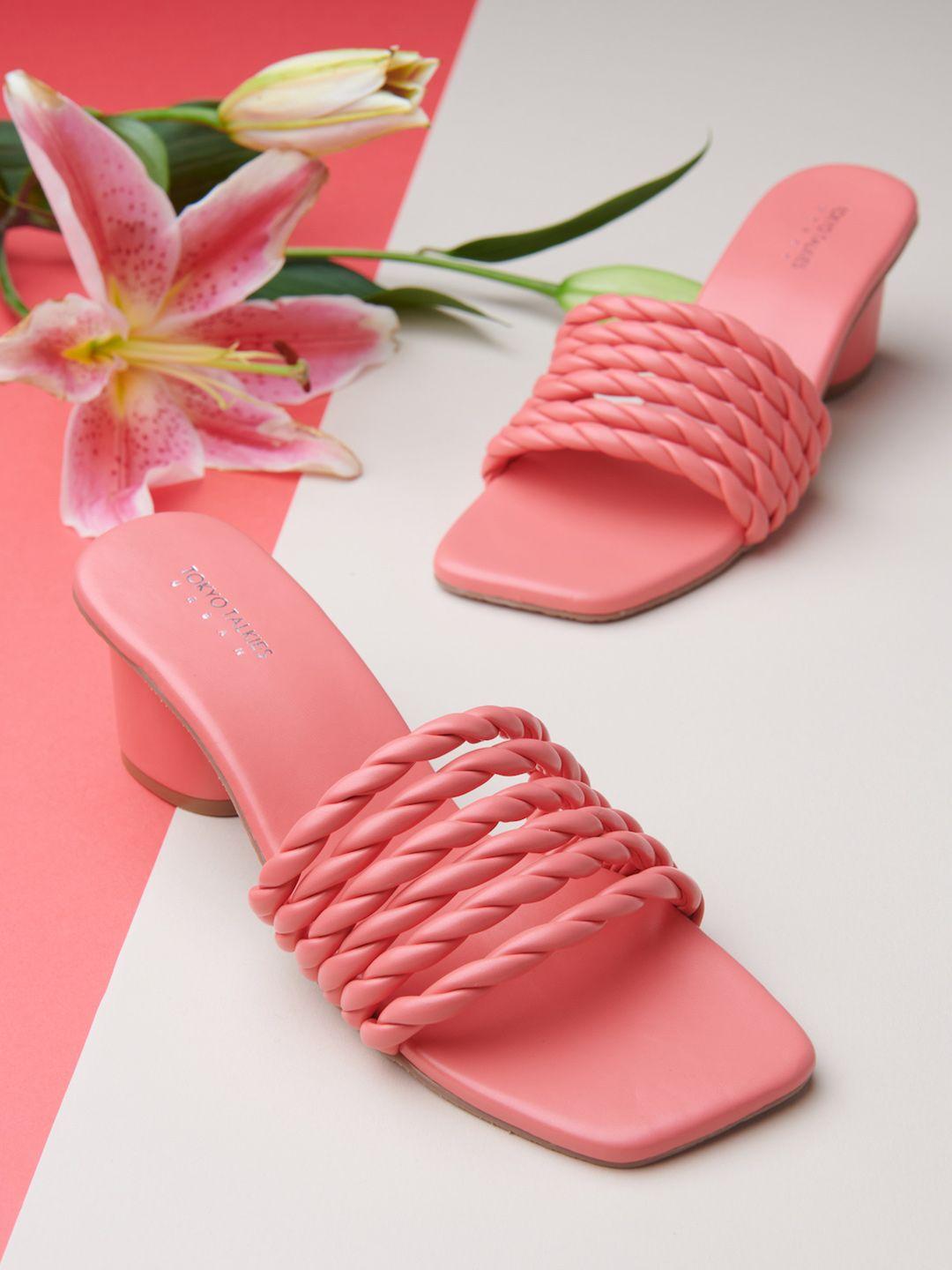 tokyo talkies pink striped pu block sandals