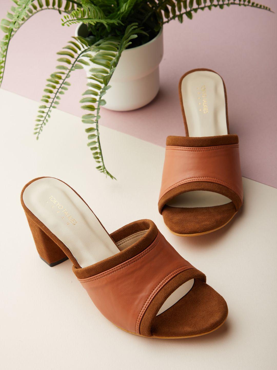 tokyo talkies brown colourblocked pu block mules