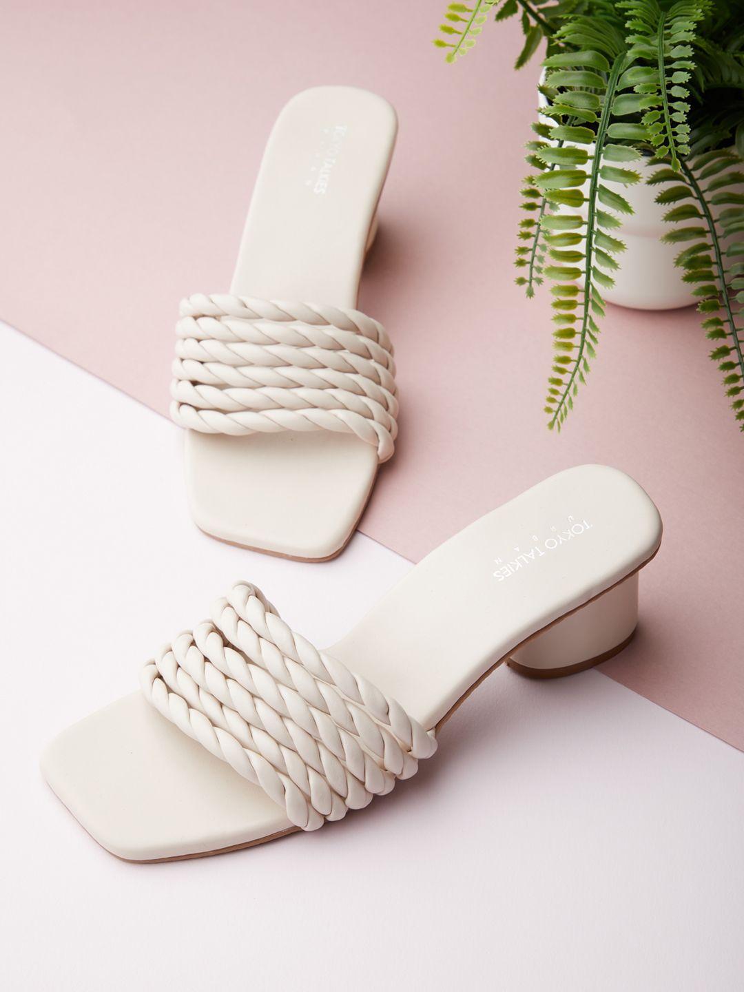 tokyo talkies white embellished pu block mules