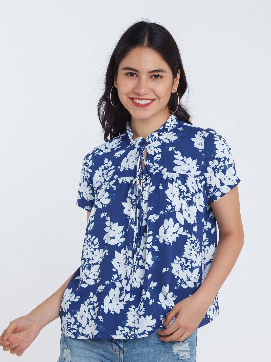 zink london women blue & white floral print tie-up neck top