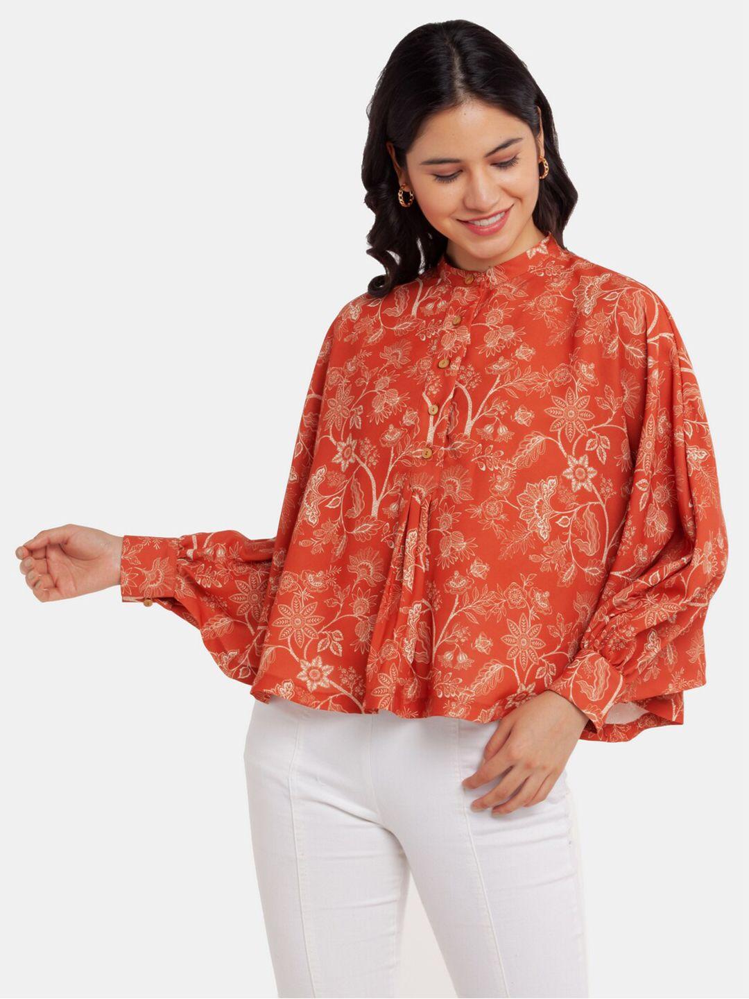 zink london women rust floral print mandarin collar top