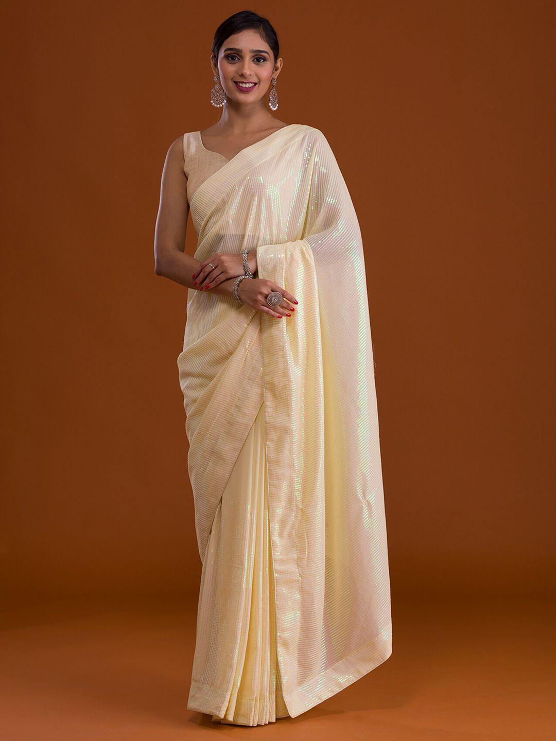 koskii beige & gold-toned striped saree