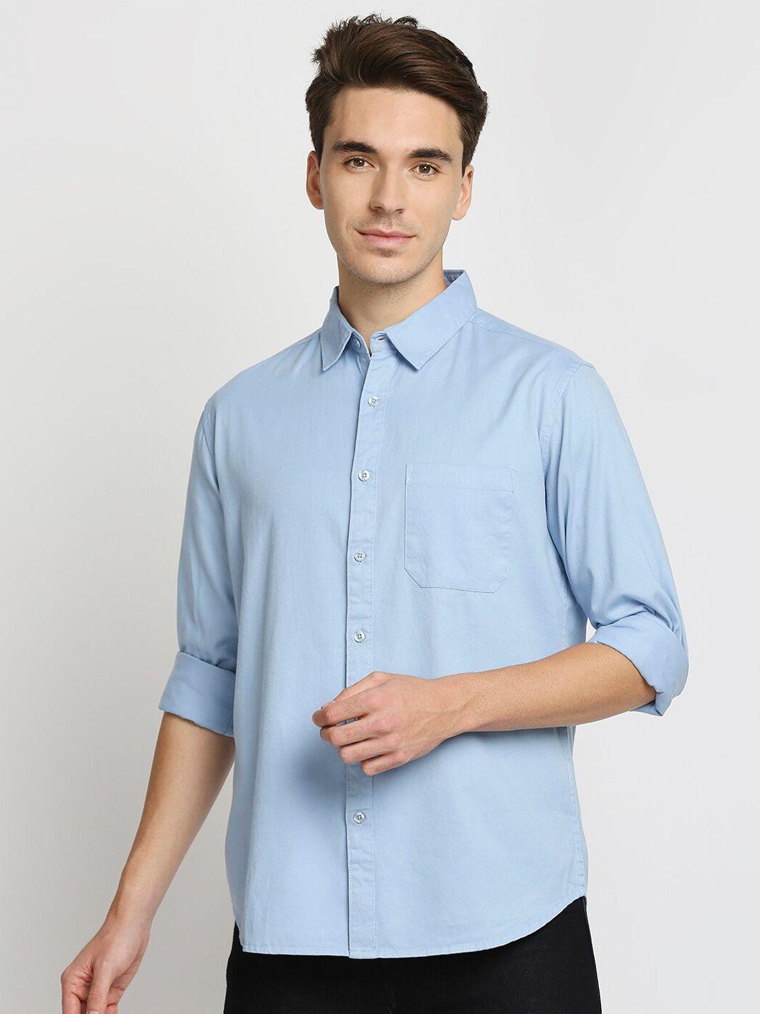 valen club men blue solid pure cotton slim fit casual shirt