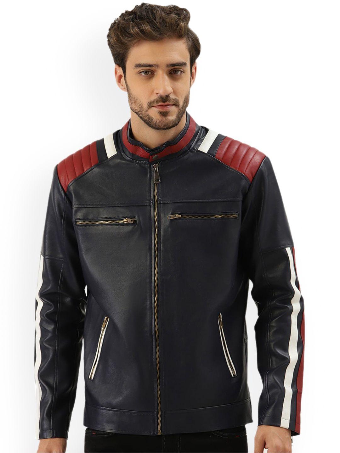 leather retail men blue longline outdoor biker jacket