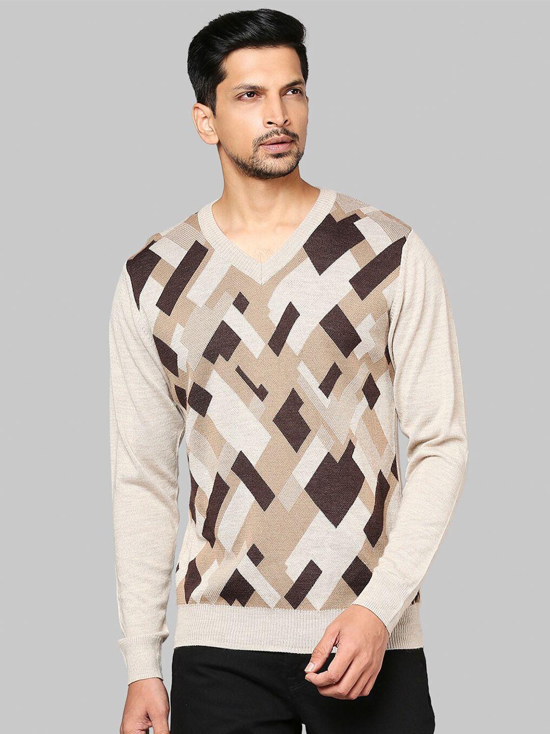 raymond men beige & brown printed pullover