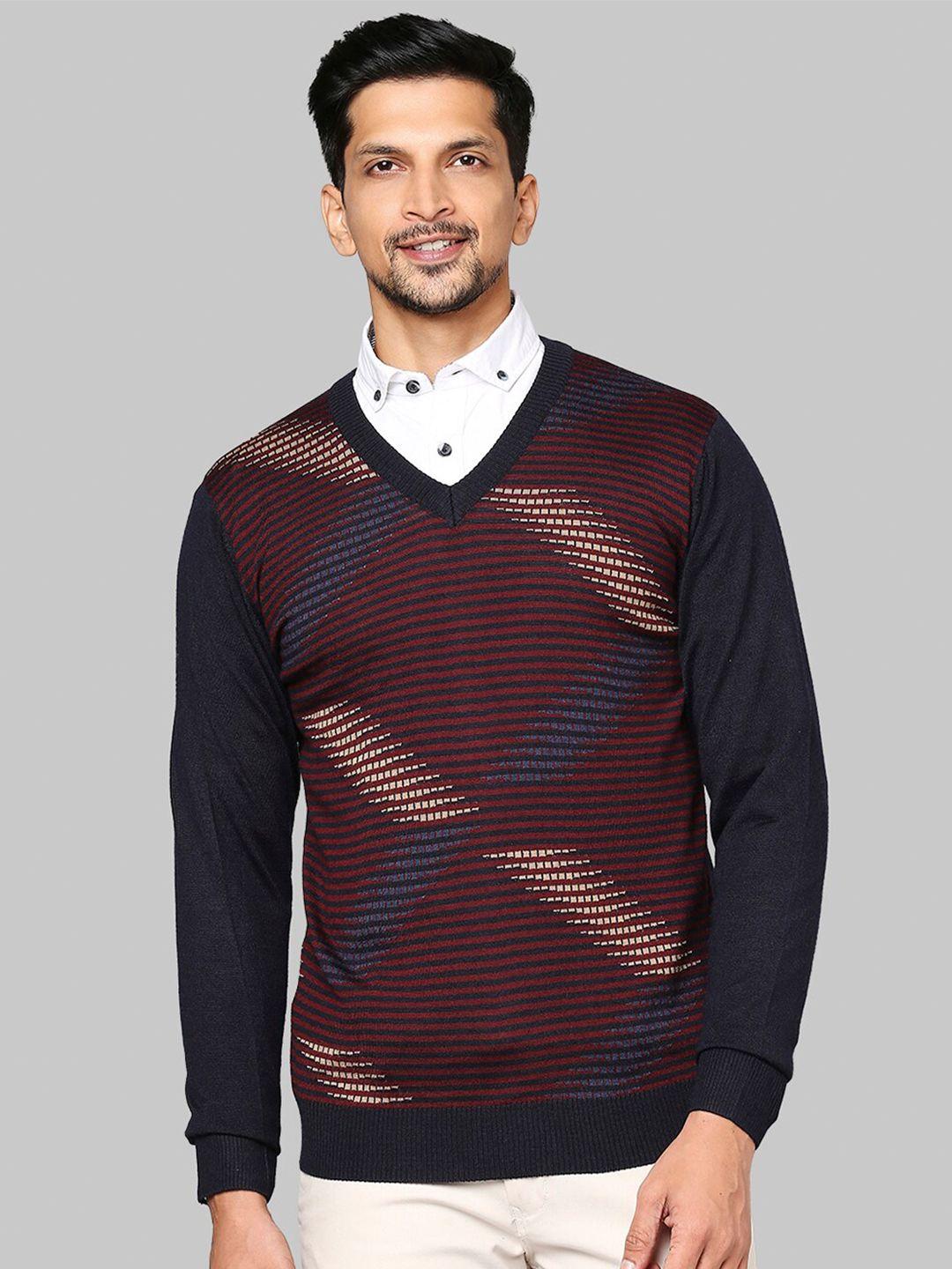 raymond men navy blue & maroon printed woollen pullover