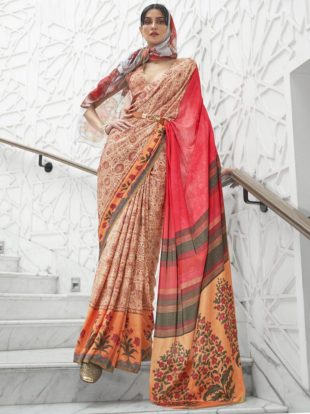 mitera beige & red floral banarasi saree