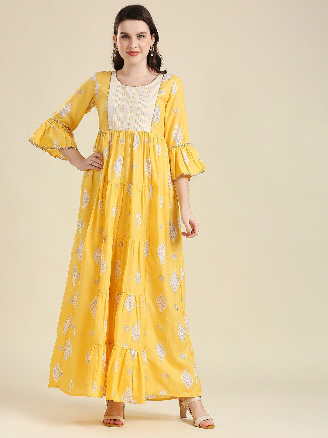 madhuram women yellow ethnic motifs printed maxi dress