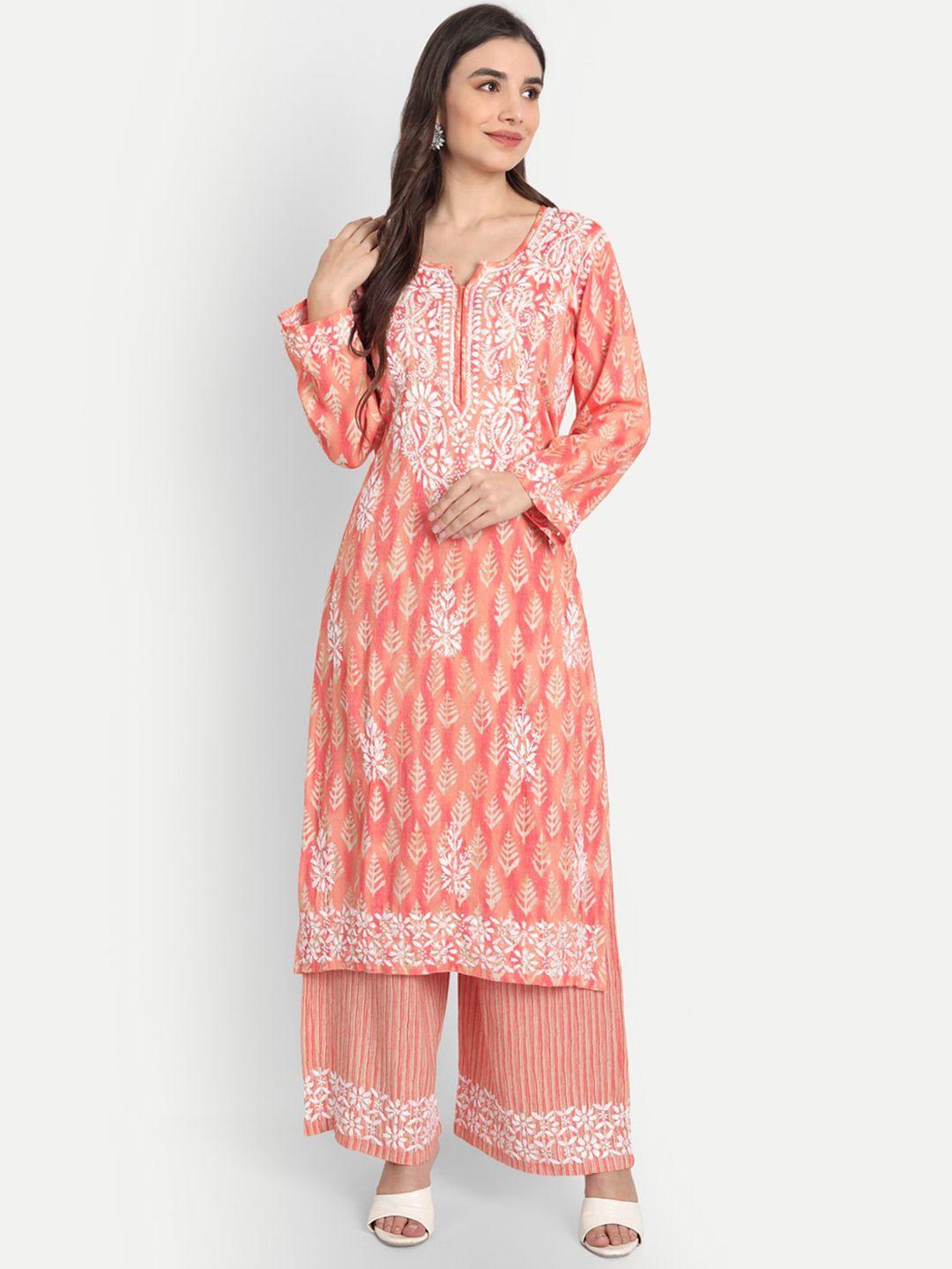 indiankala4u women orange ethnic motifs printed chikankari kurta with palazzos