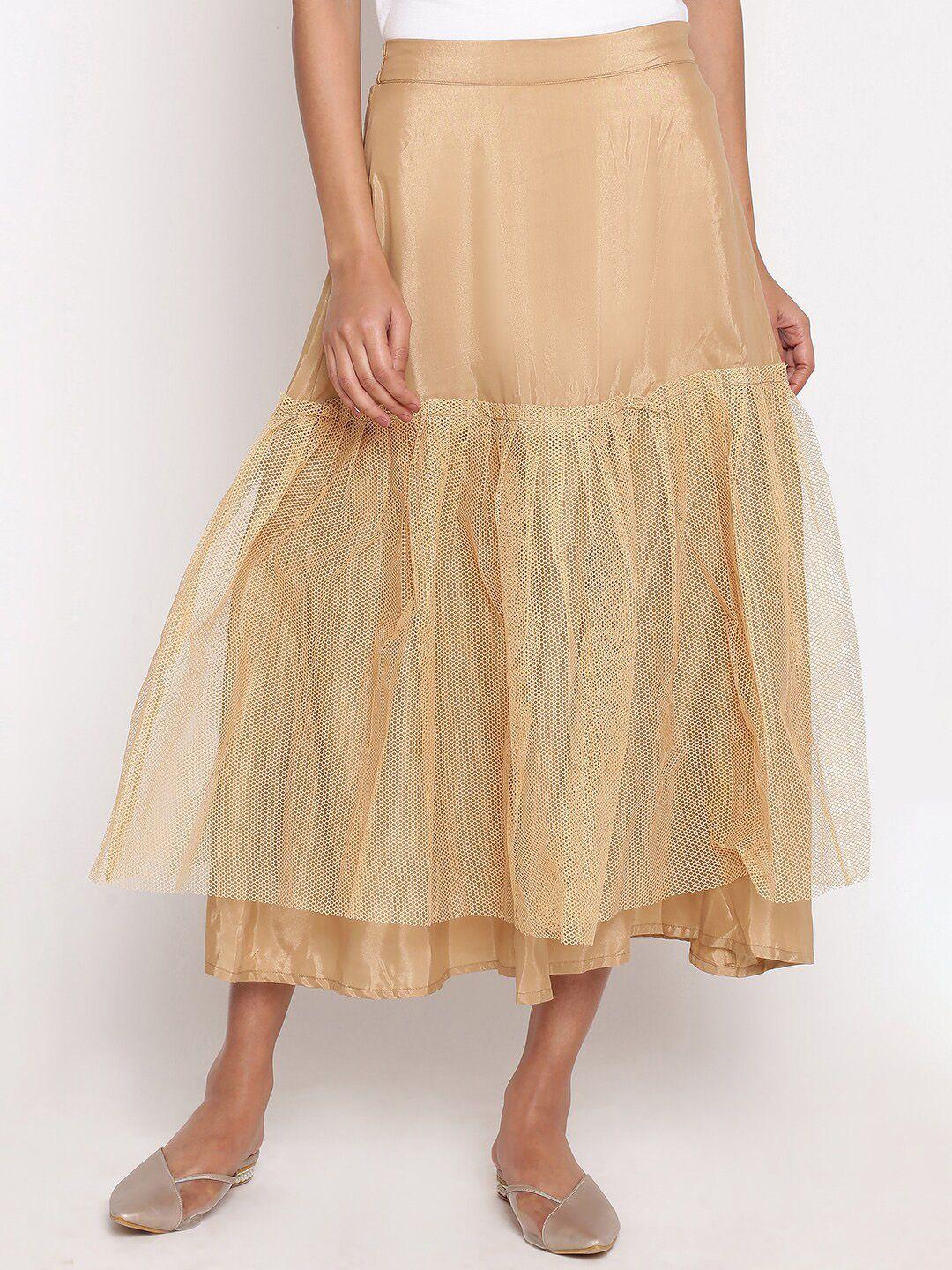 w women golden solid midi-length flared skirt