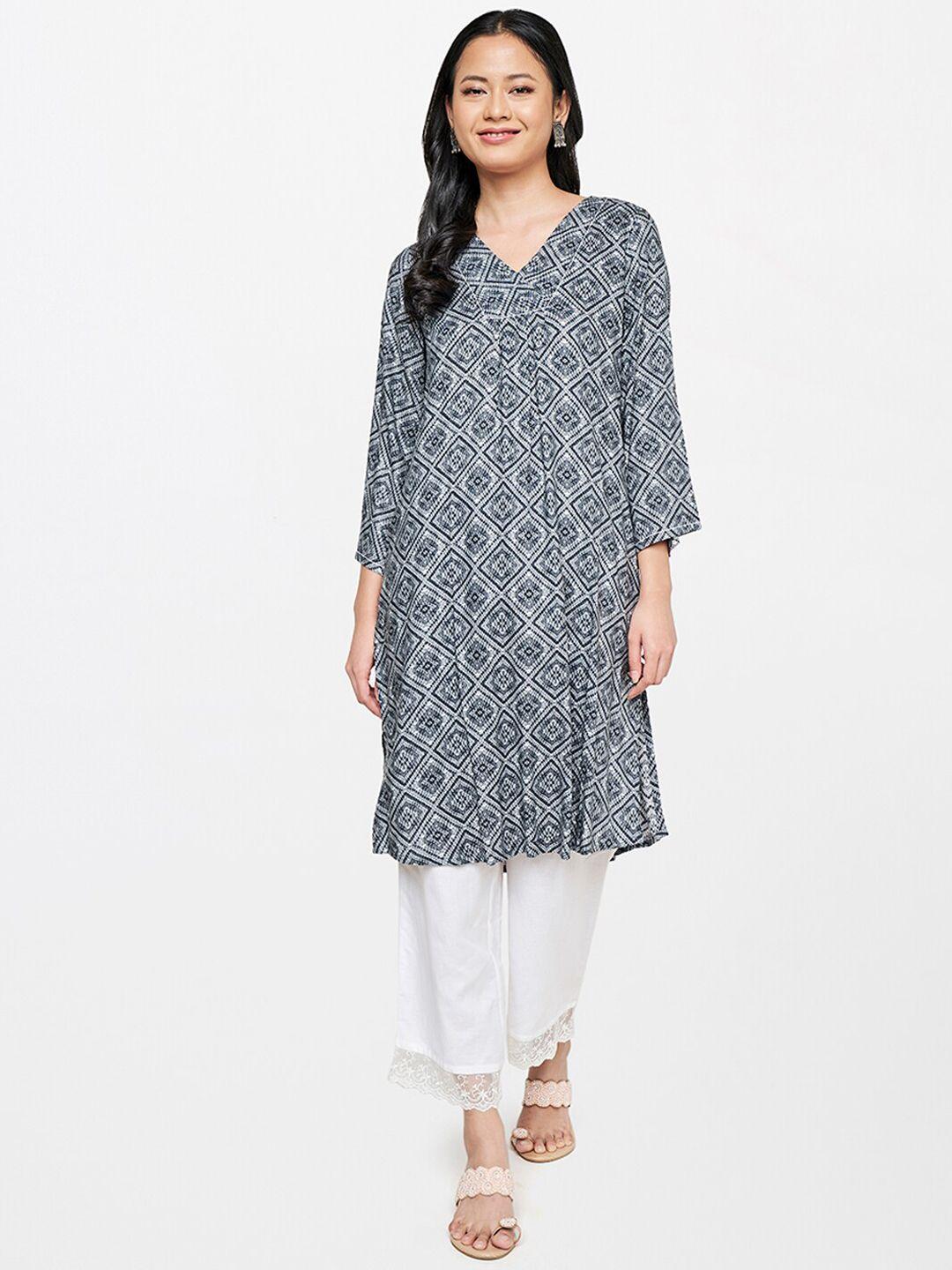 global desi women black printed v-neck kurta