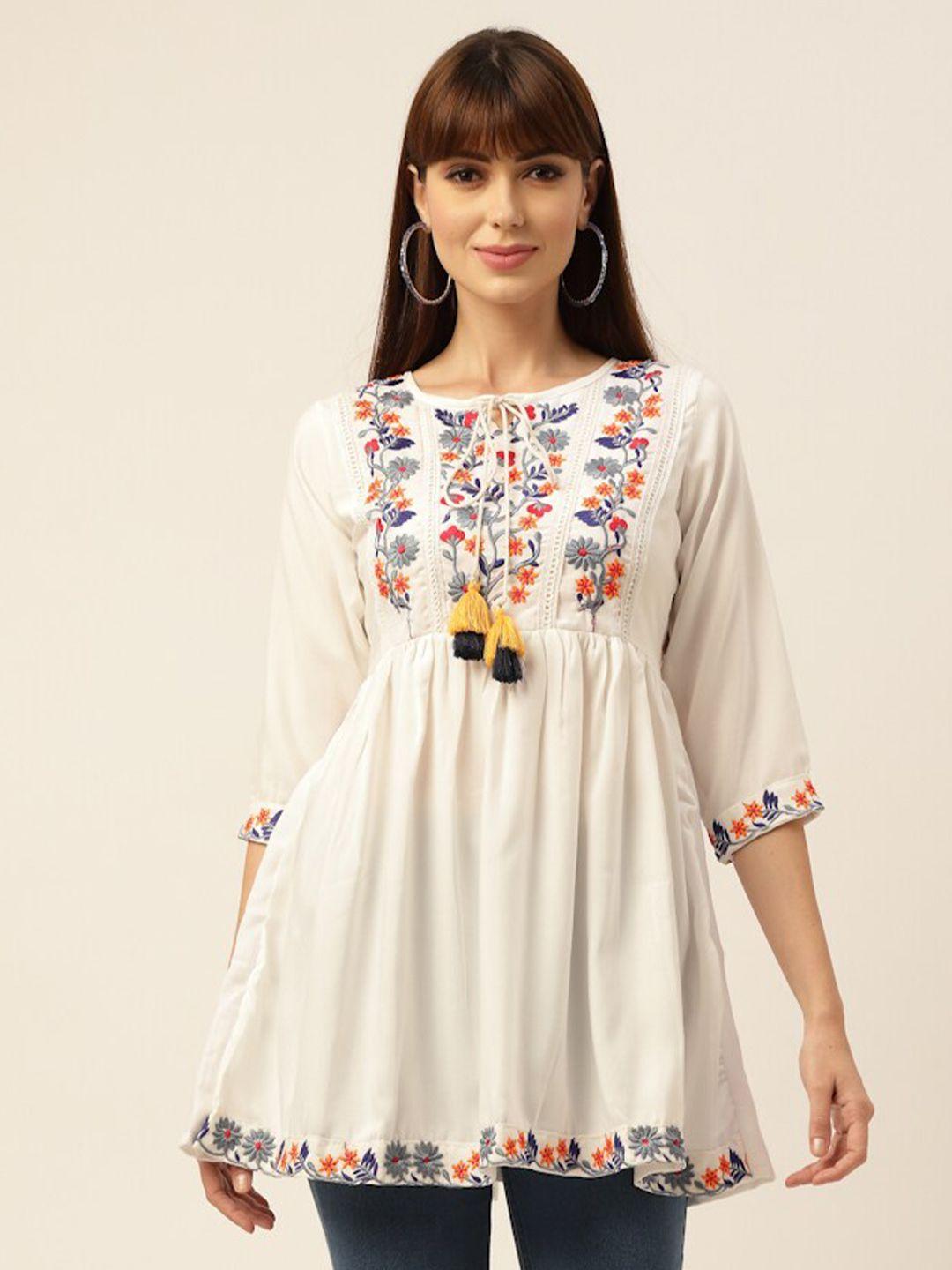 sangria women white floral embroidered thread work pure cotton thread work pleated kurti