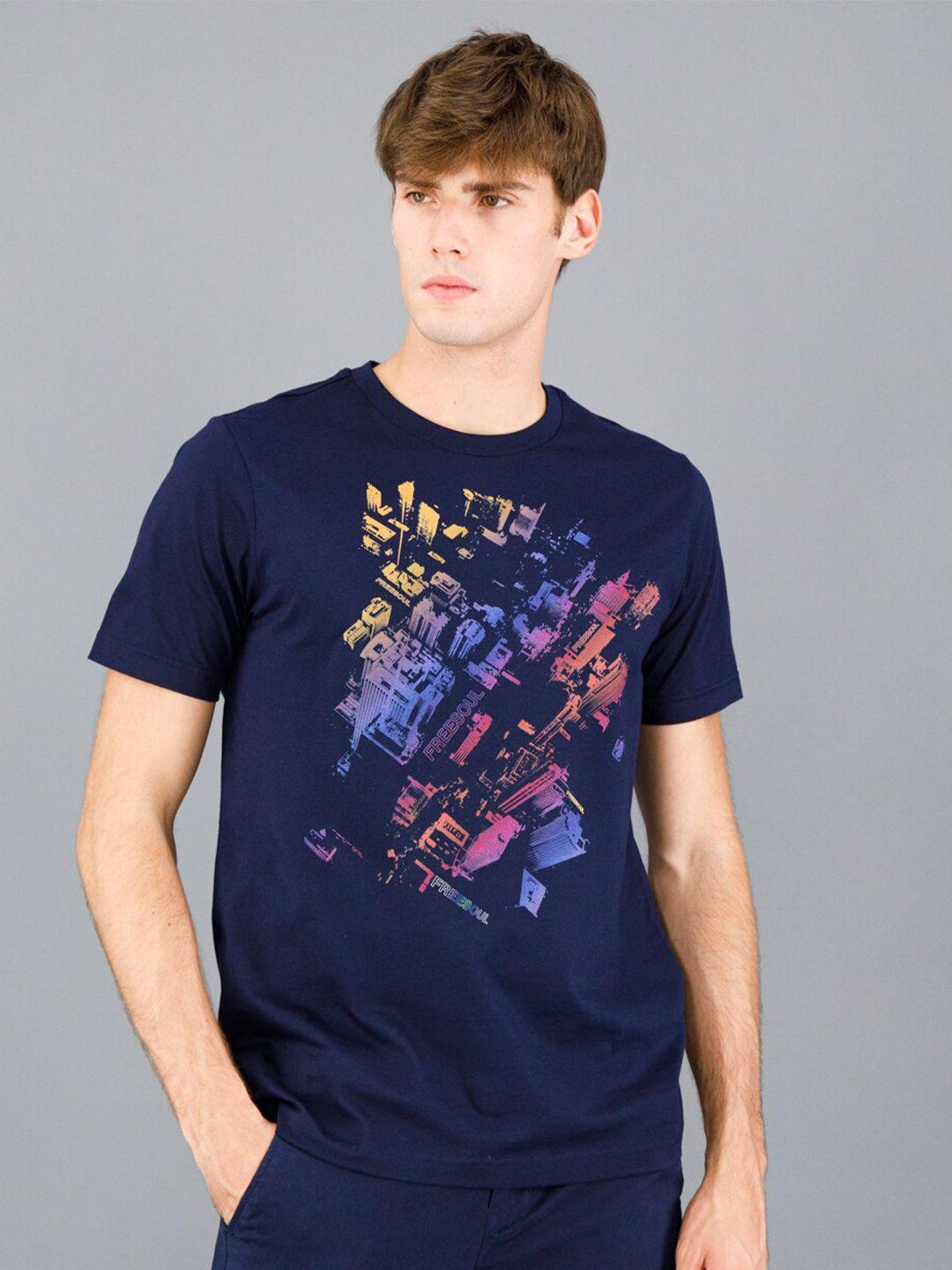 freesoul men blue printed cotton  t-shirt