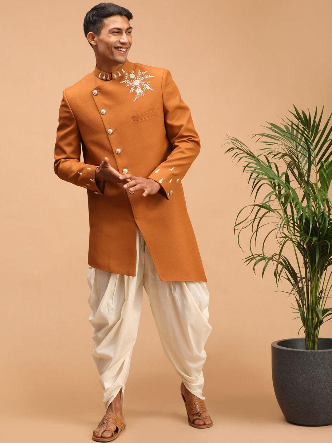 shrestha by vastramay men mustard & cream solid silk blend sherwani set