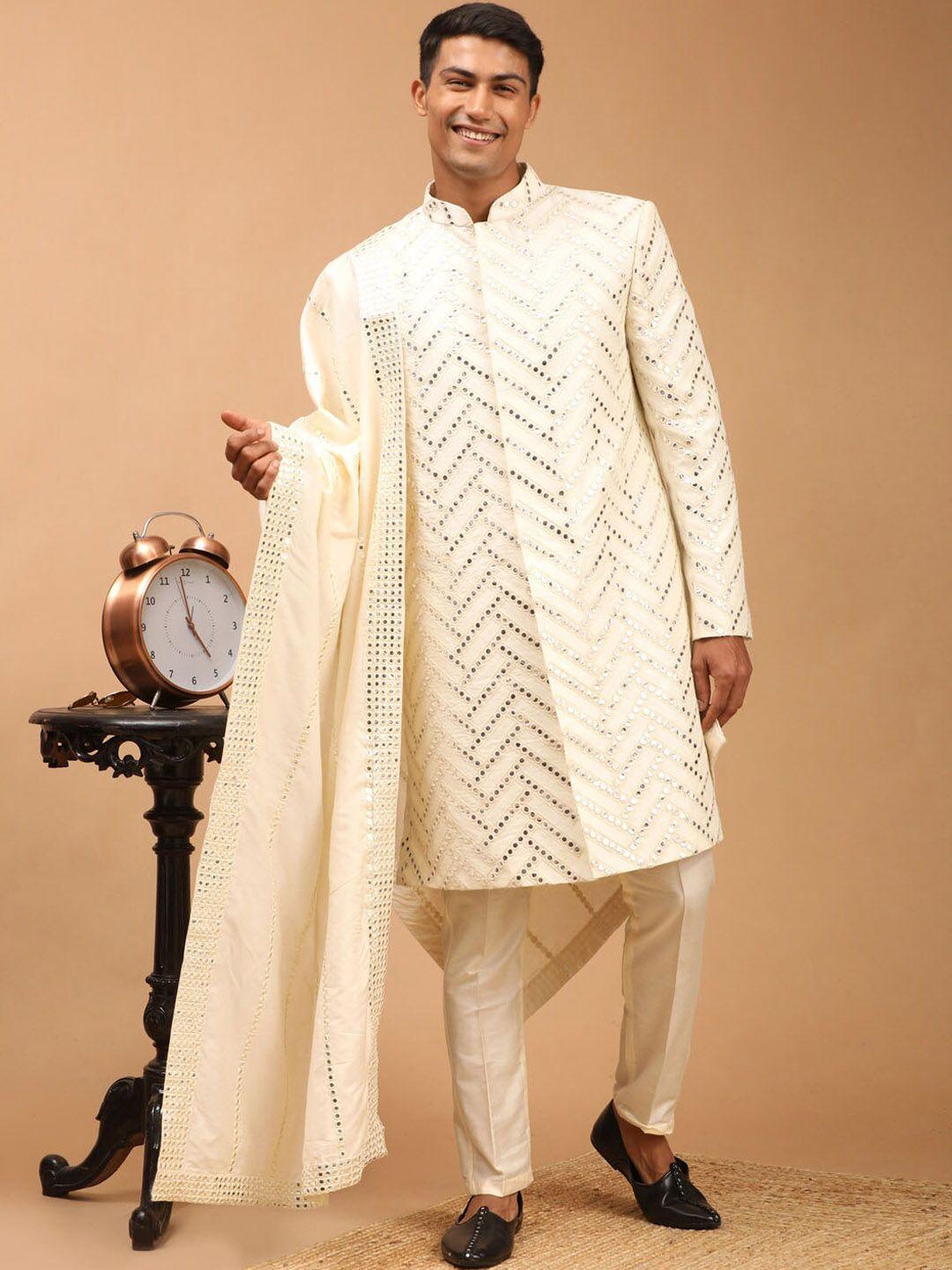 shrestha by vastramay men cream-colored mirror work sherwani set with dupatta