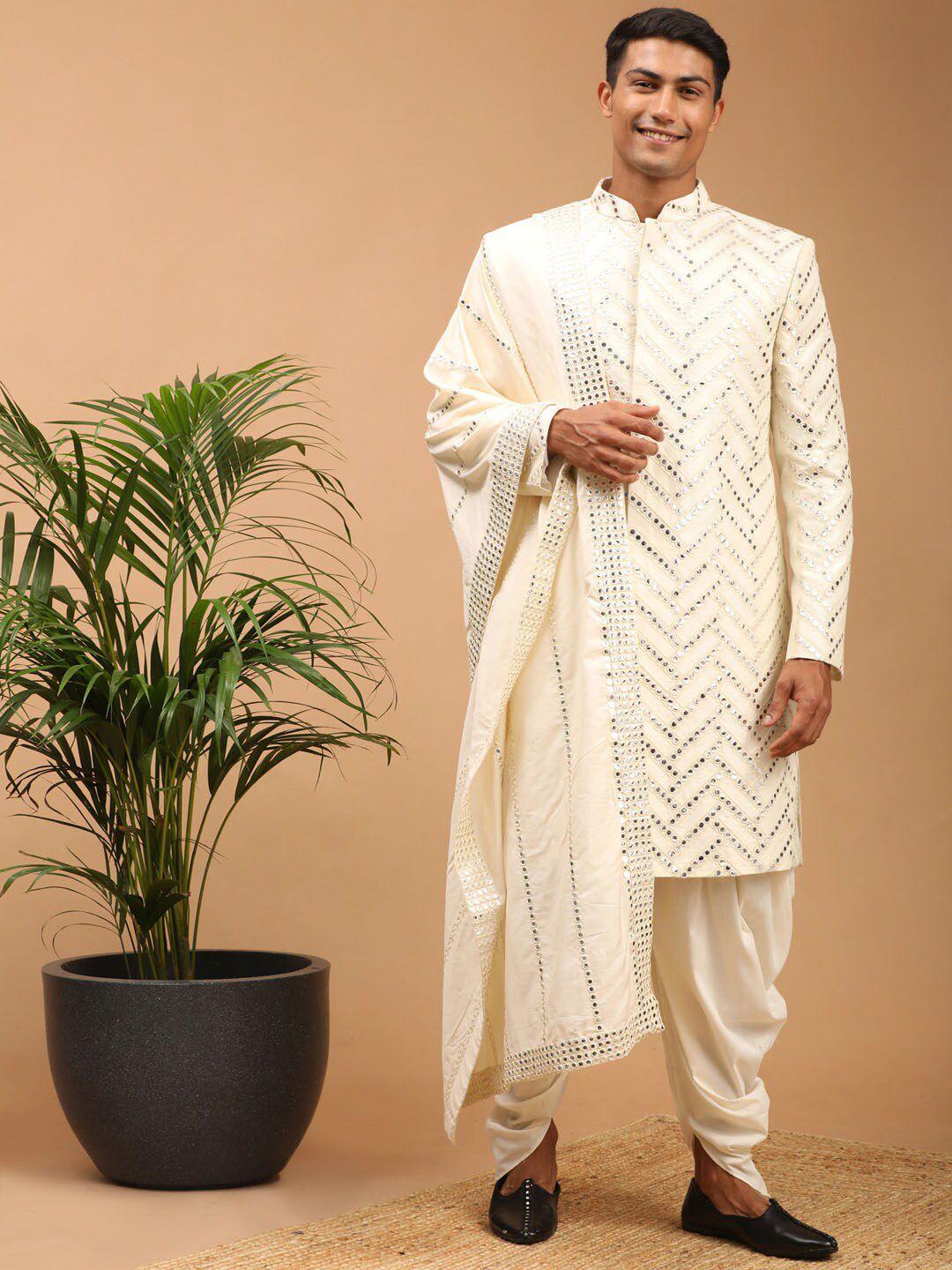 shrestha by vastramay men cream mirror worked sherwani set with embellished dupatta