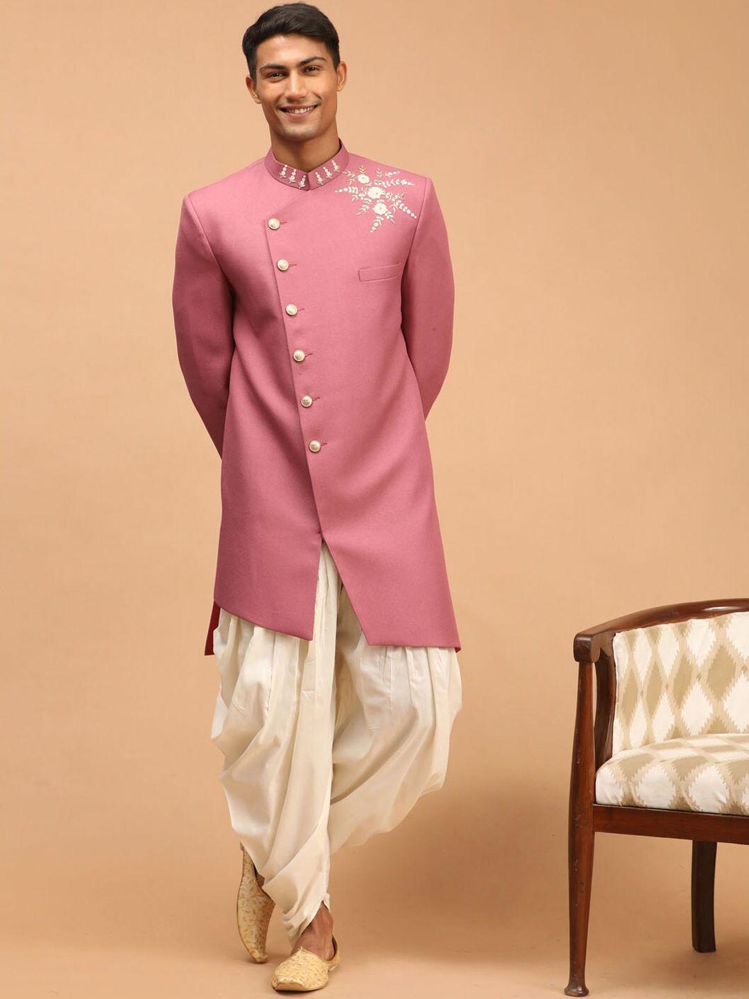 shrestha by vastramay men purple and cream silk blend sherwani set