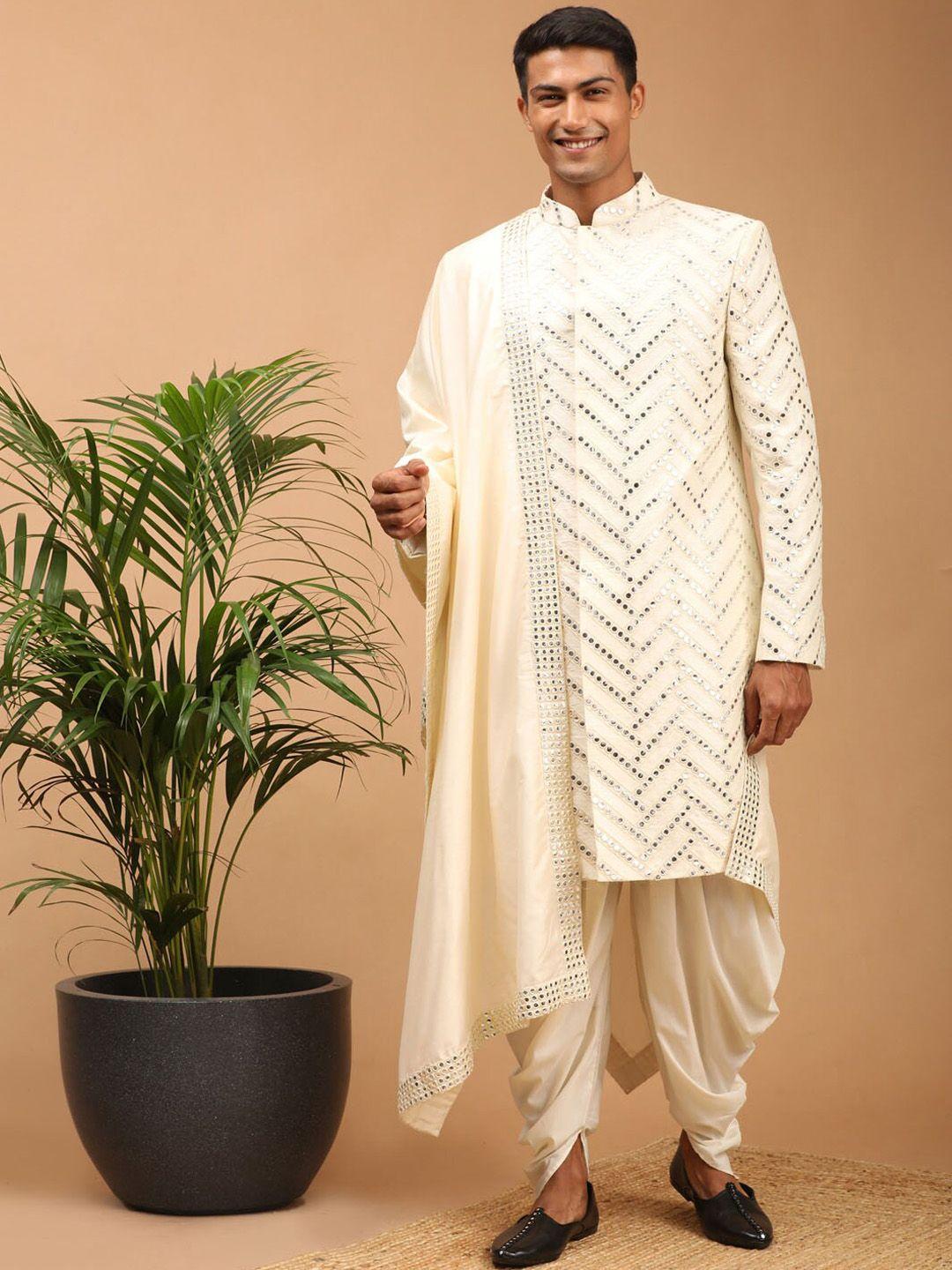 shrestha by vastramay men cream mirror work silk blend sherwani set with dupatta