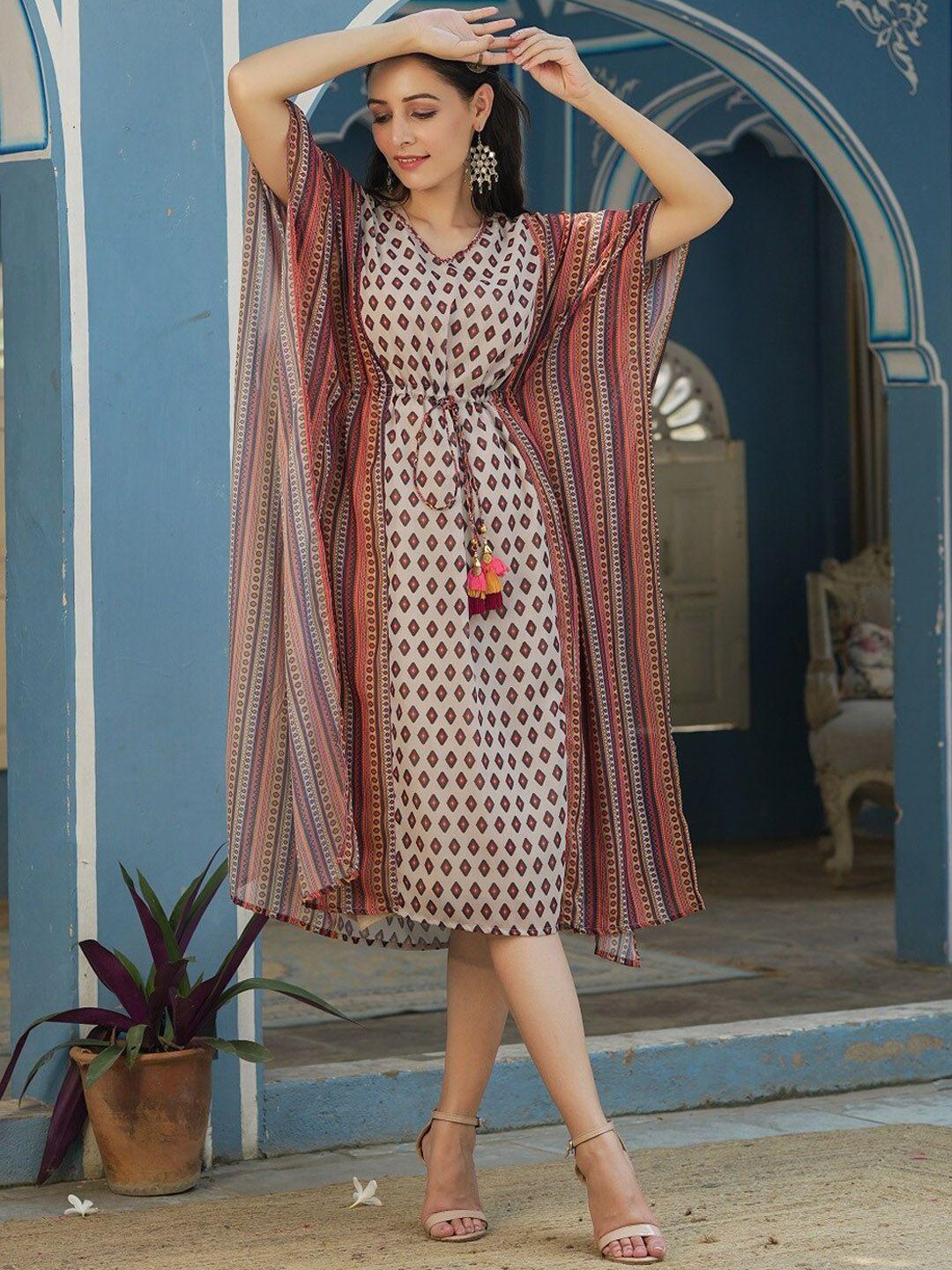 juniper women cream-coloured printed georgette kaftan dress