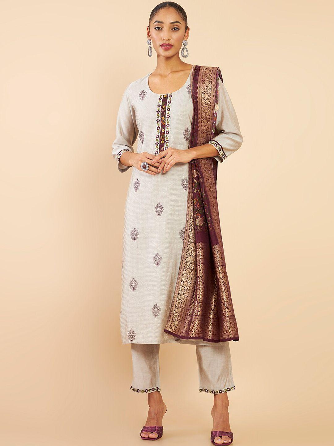 soch women grey floral printed thread work kurta with trousers & with dupatta