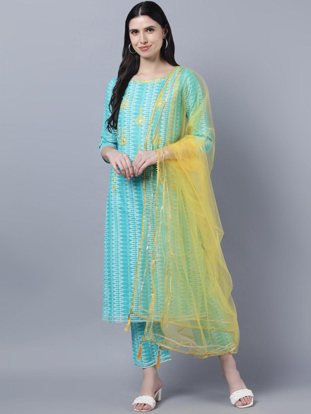 myshka women turquoise blue printed thread work pure cotton kurta with trousers & with dupatta