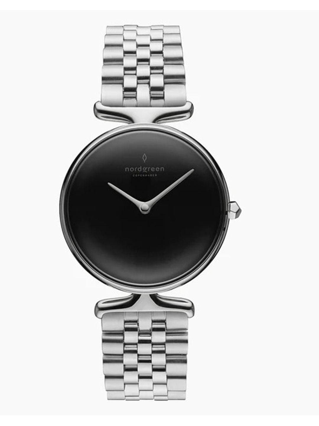 nordgreen women black mother of pearl dial & silver toned stainless steel bracelet style straps analogue watch