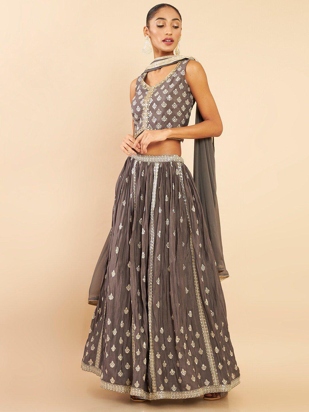 soch grey & gold-toned embroidered sequinned ready to wear lehenga & blouse with dupatta