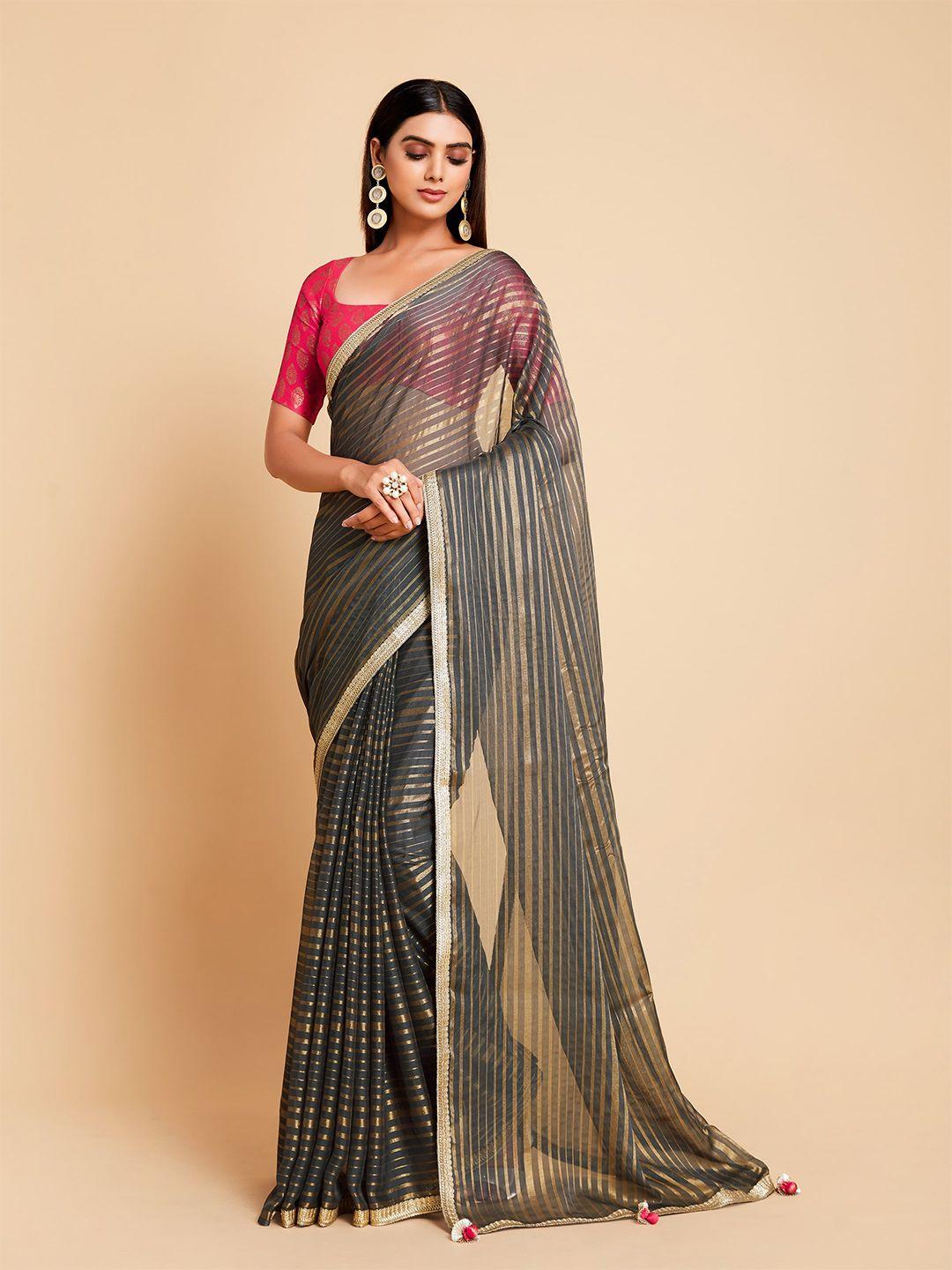 sangria grey & gold-toned striped pure silk saree