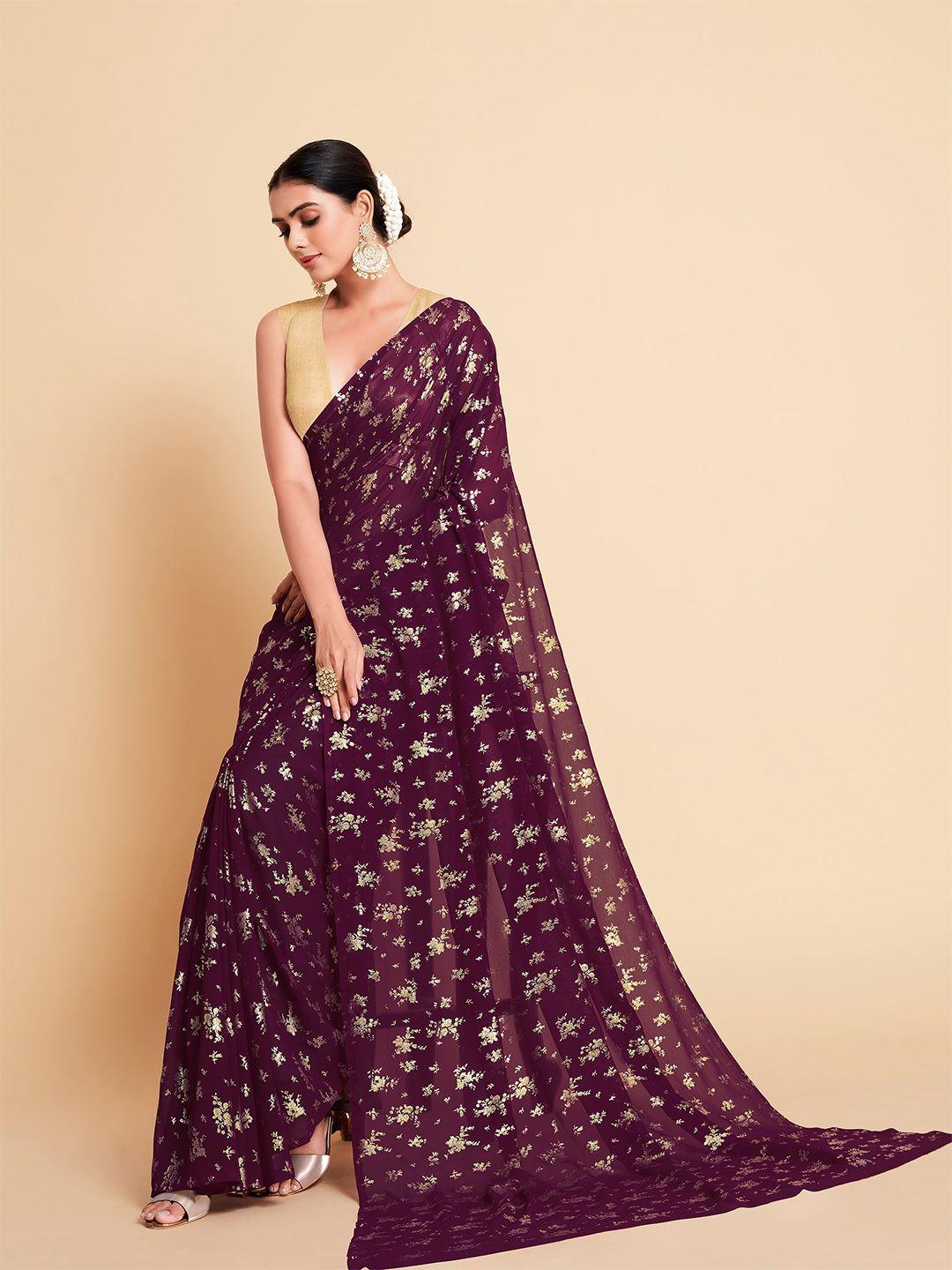 sangria maroon & gold-toned floral saree