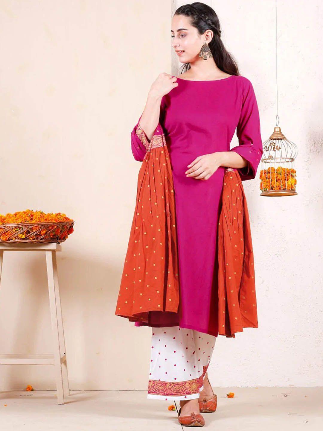 rustorange women magenta kurta with palazzos & dupatta