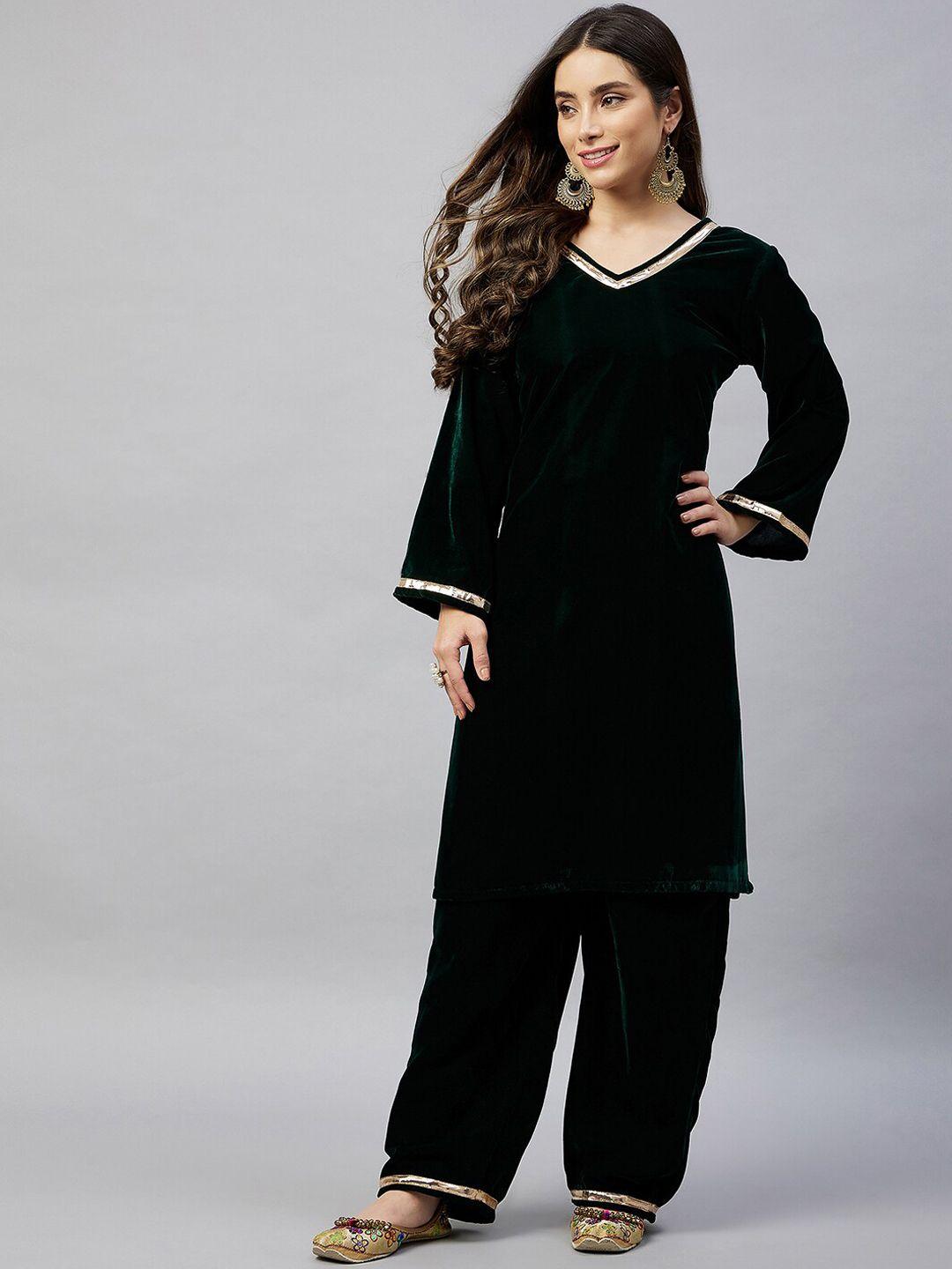 inweave women green velvet kurta with palazzos