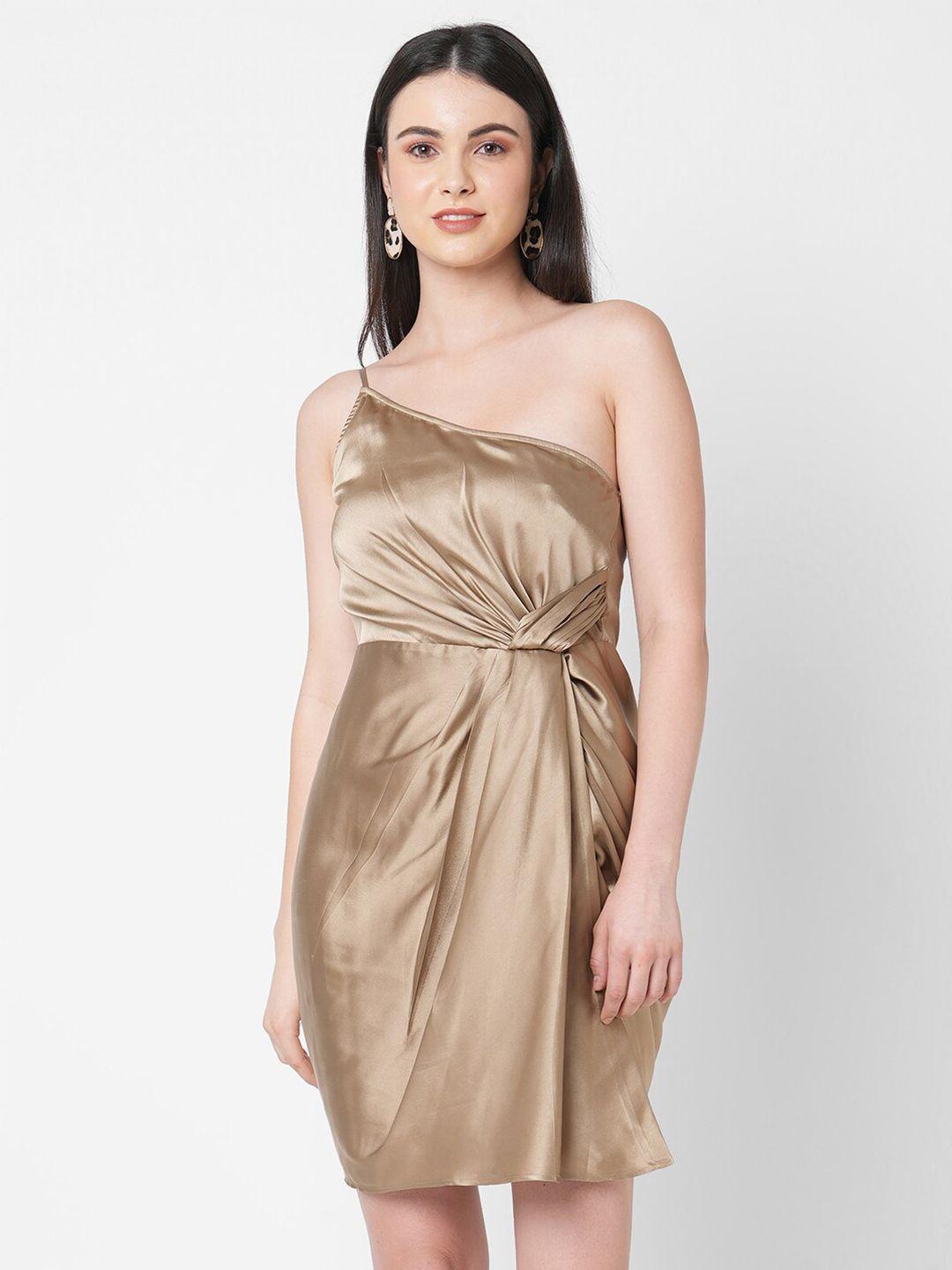 mish bronze-toned one shoulder satin sheath dress