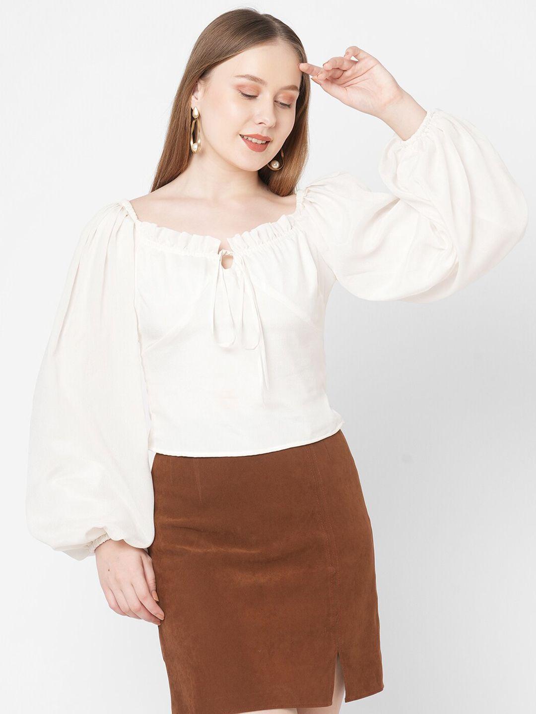 mish women off white tie-up neck bishop sleeves ruffles chiffon top