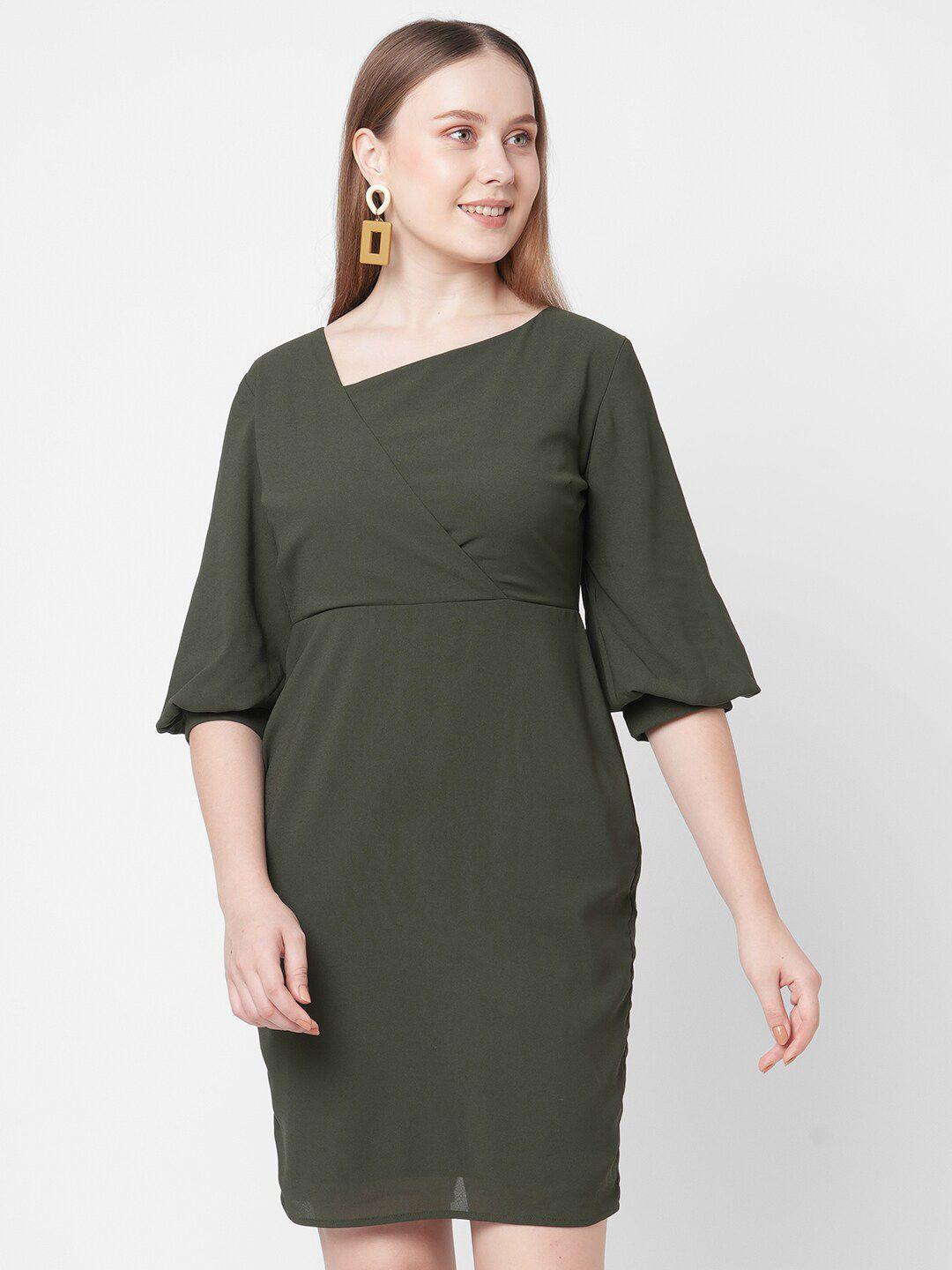 mish women olive green georgette sheath dress