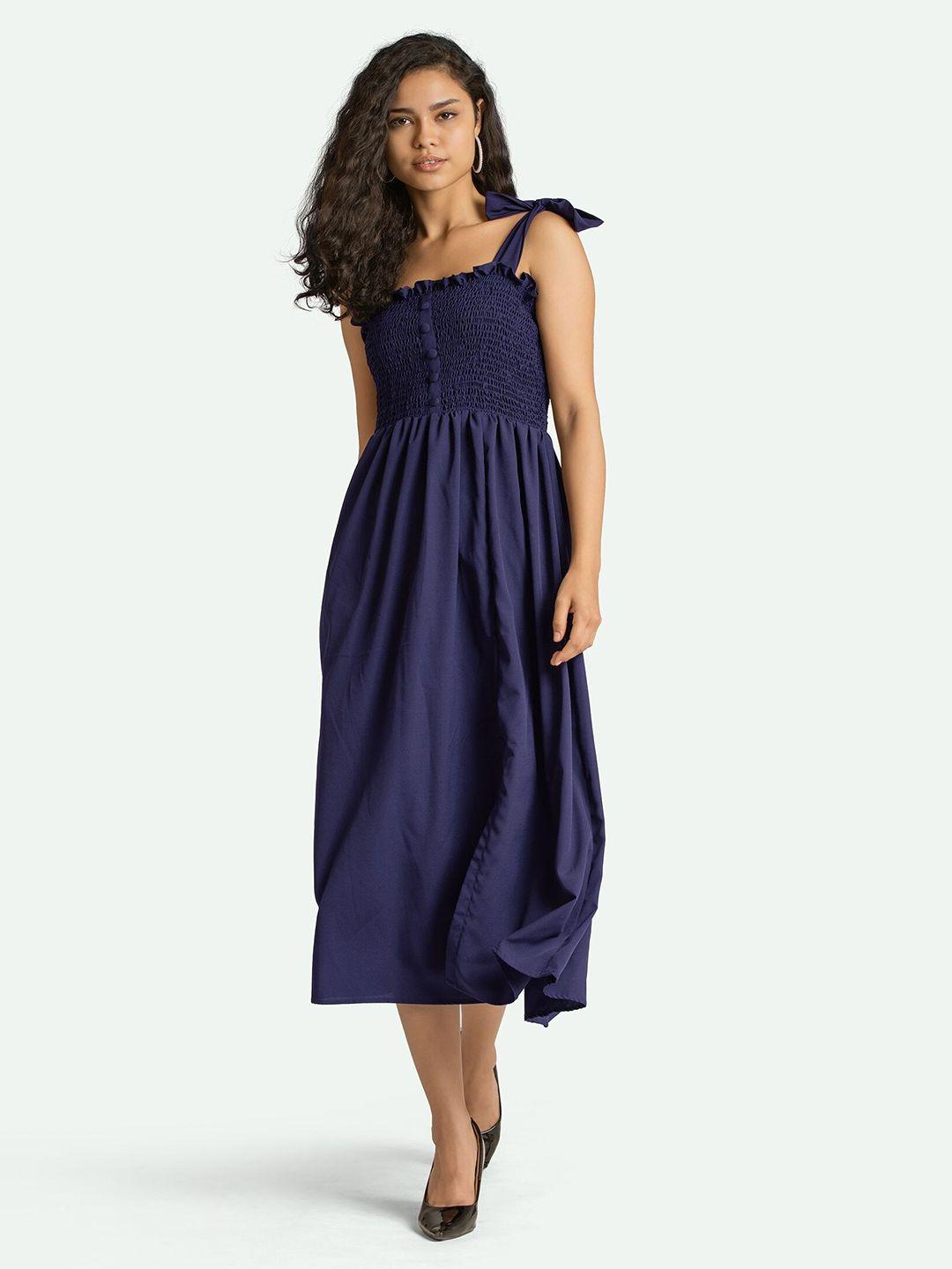 aask blue crepe smocked midi fit & flare dress