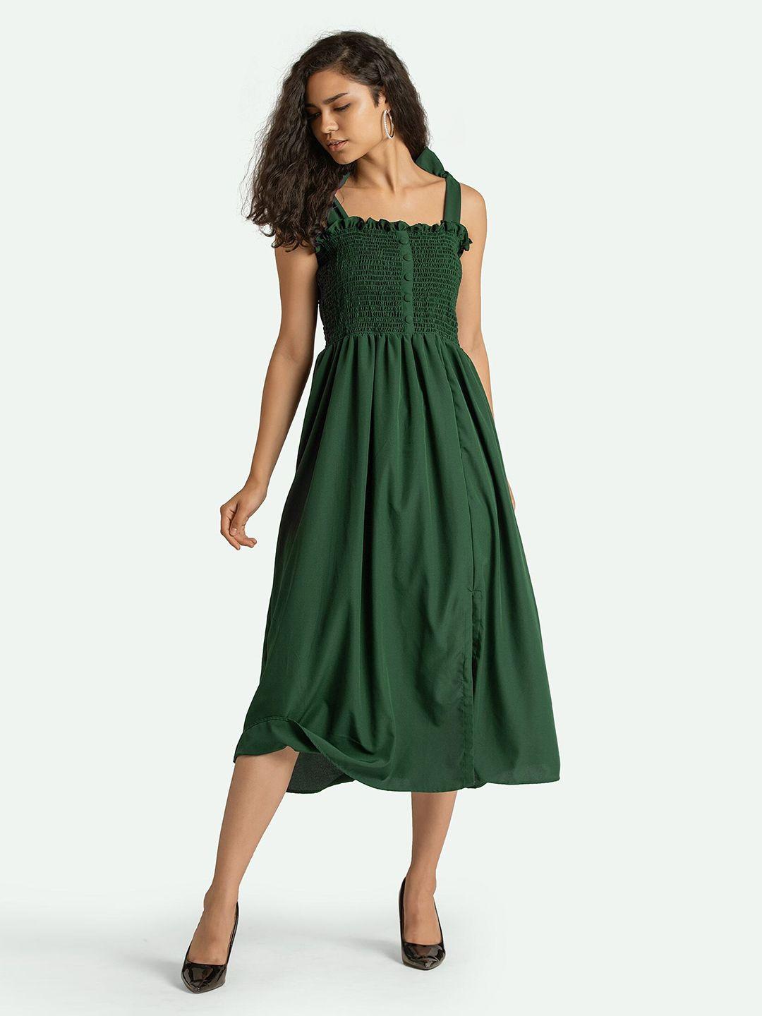 aask green crepe smocked midi fit & flare dress