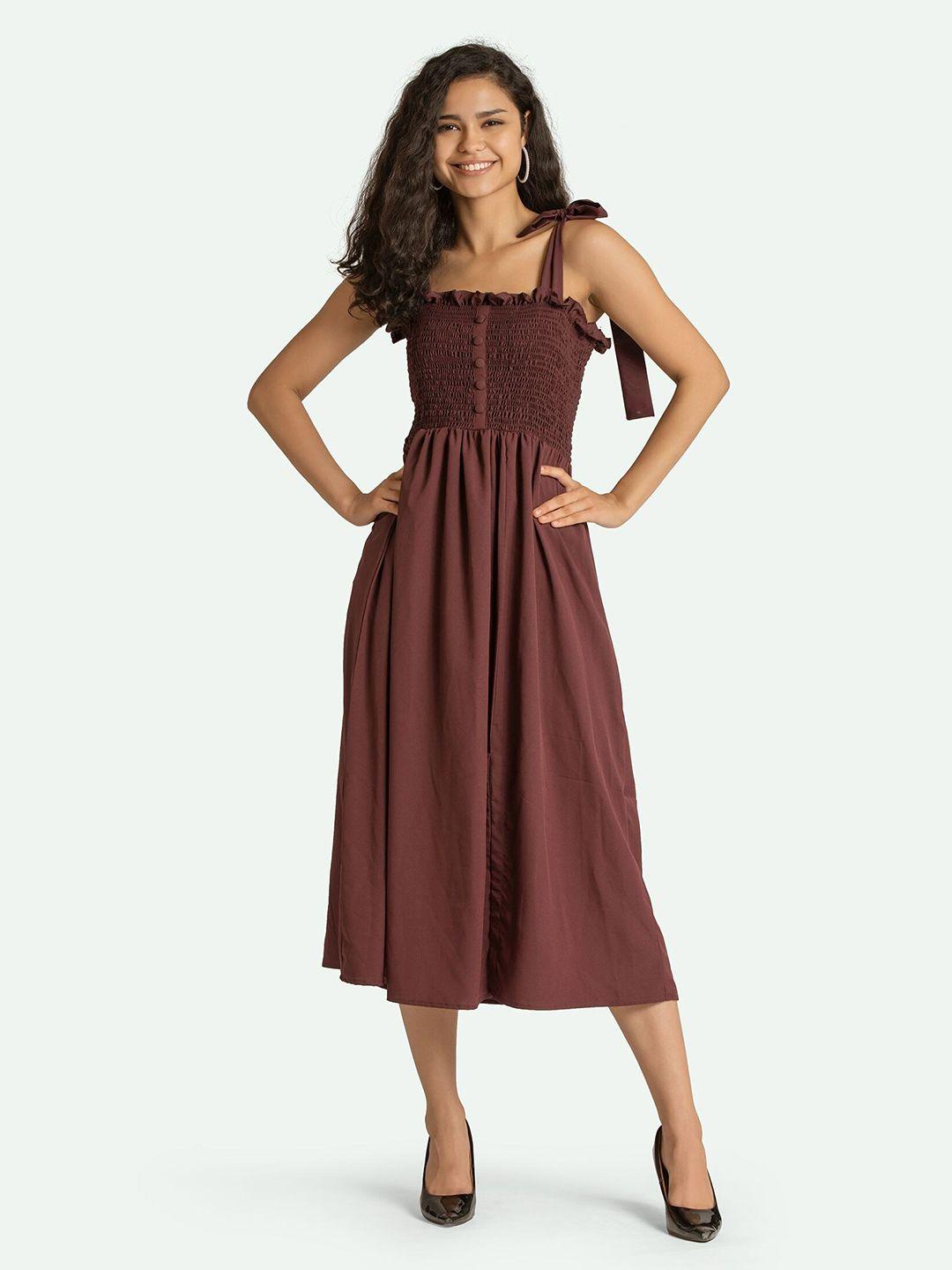 aask maroon crepe smocked midi fit & flare dress