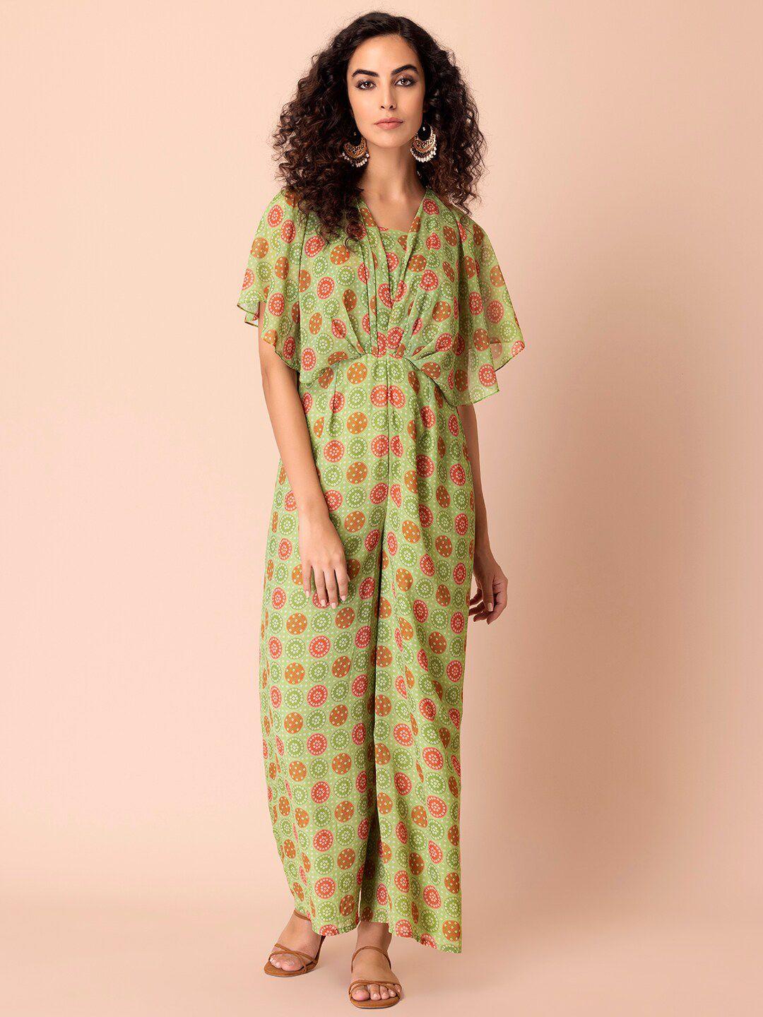 indya green & red bandhani printed jumpsuit