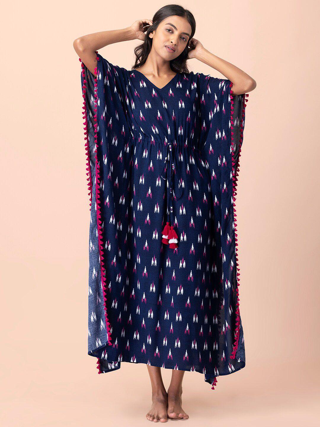 indya women navy blue printed kaftan dresses