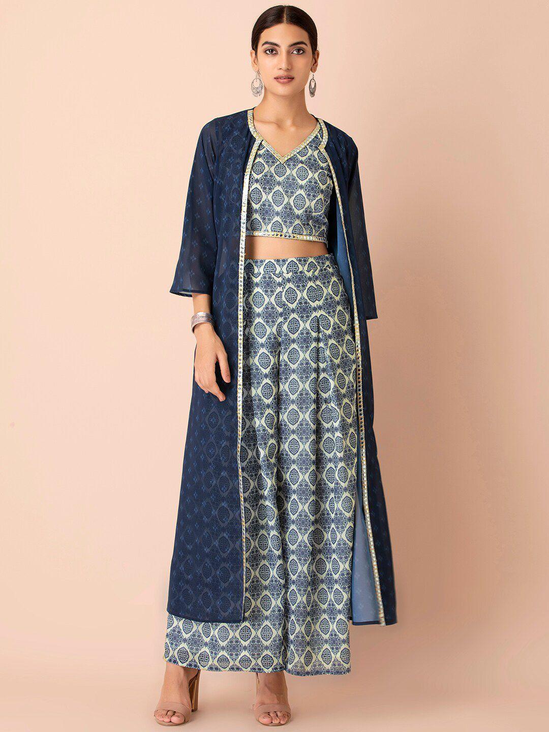 indya women navy blue & gold-toned ikat longline shrug