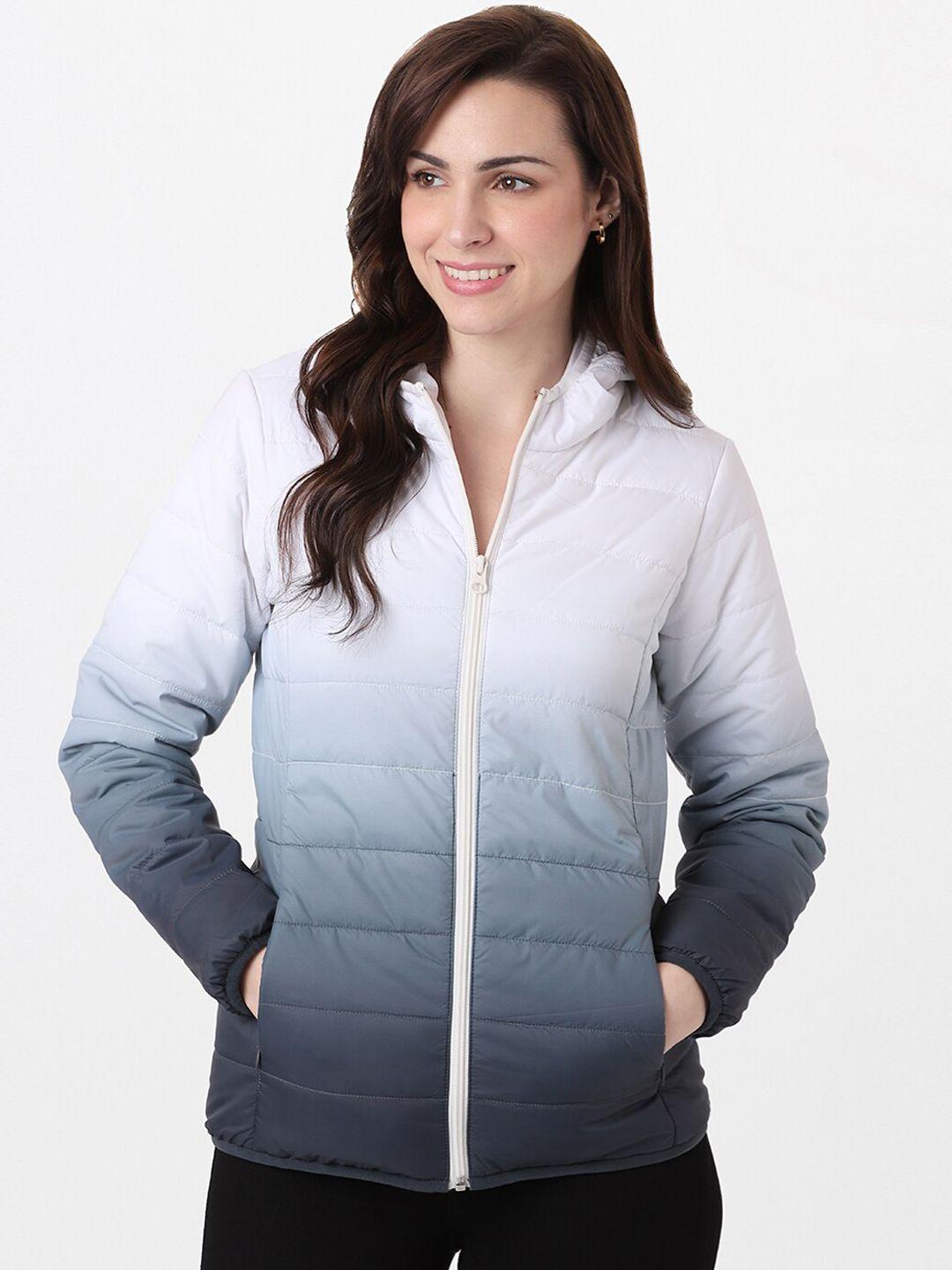 and women grey white colourblocked puffer jacket