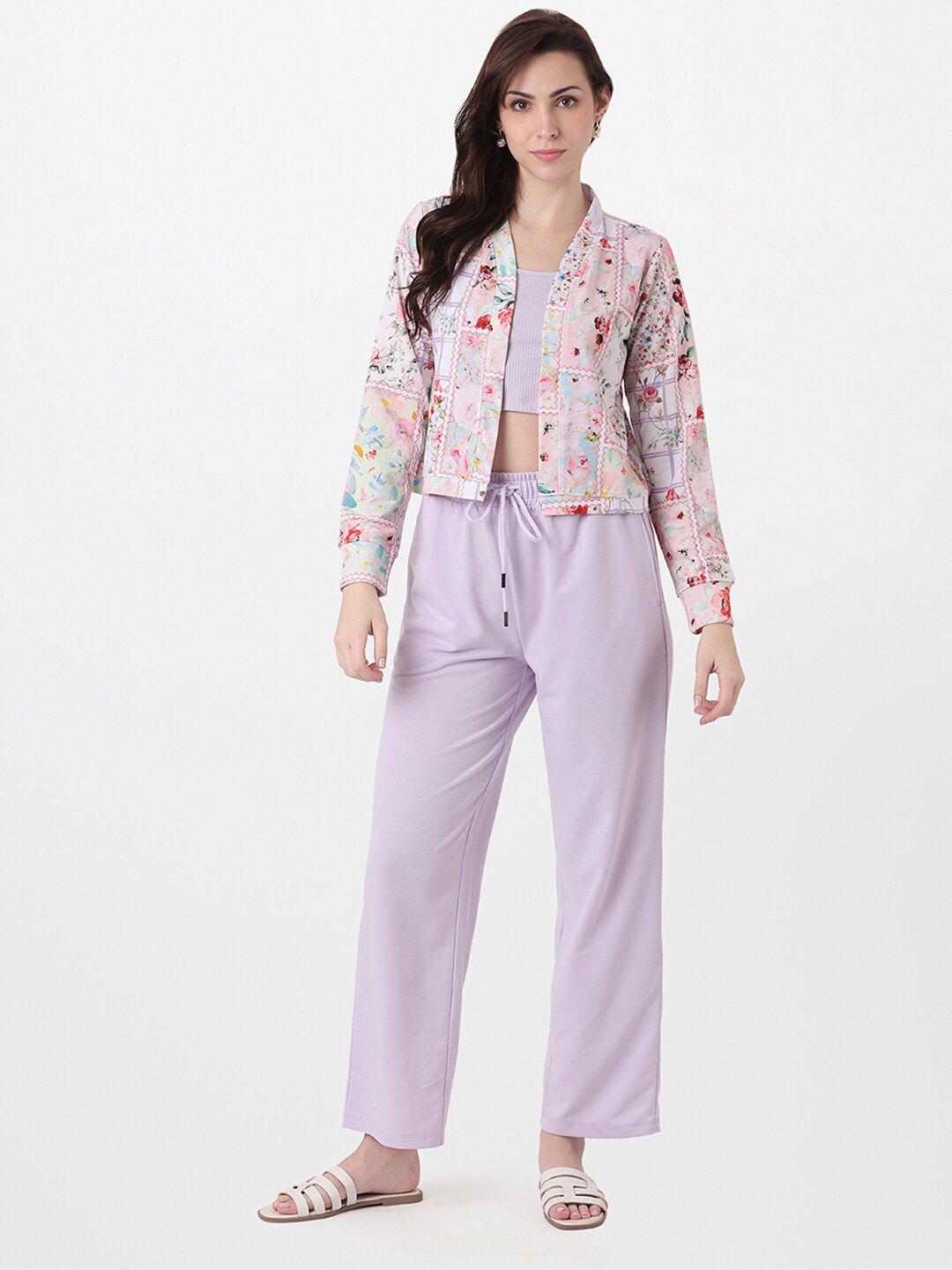 and women lavender solid co-ords with jacket