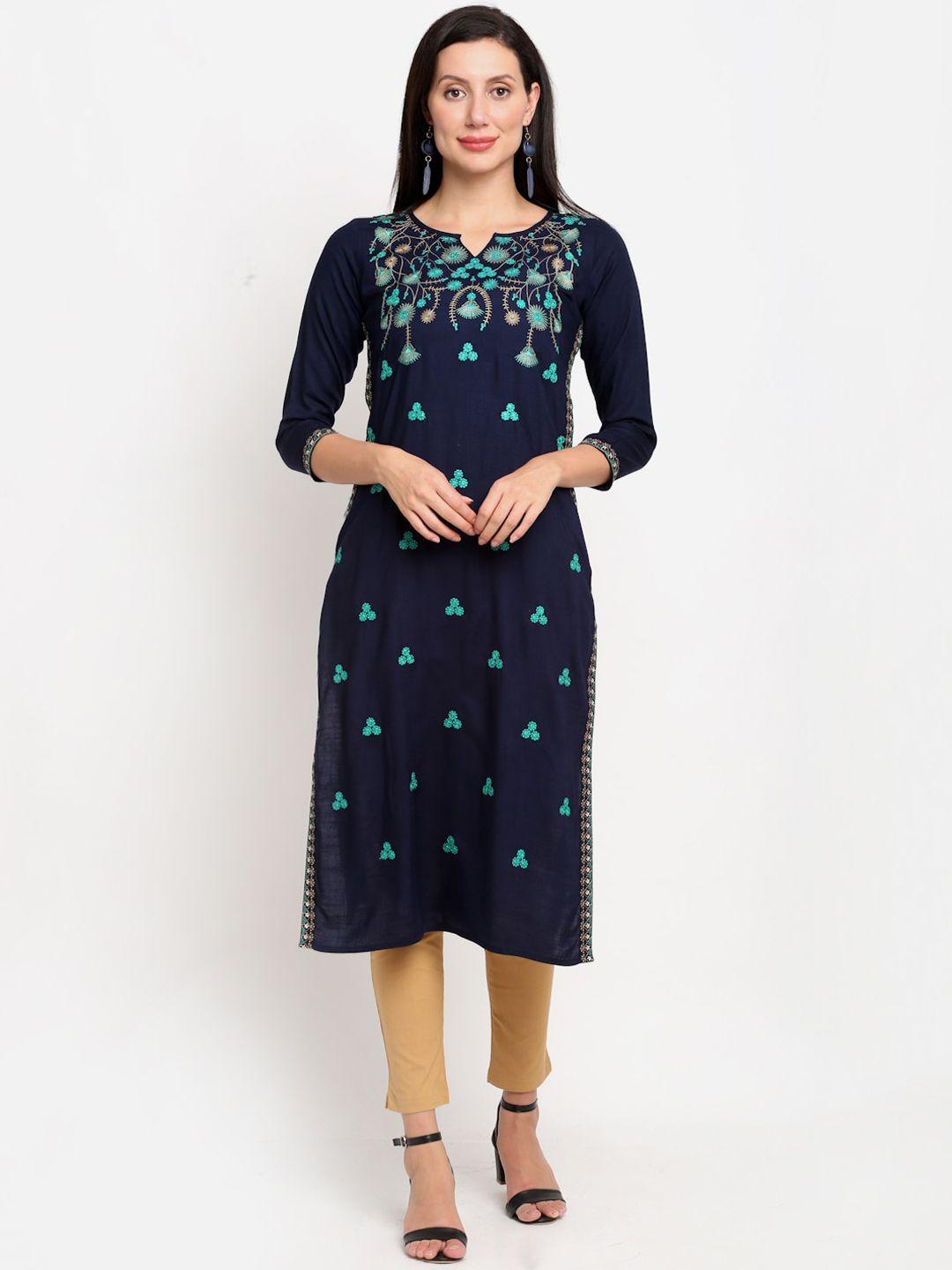 lovely lady women navy blue floral embroidered thread work kurta